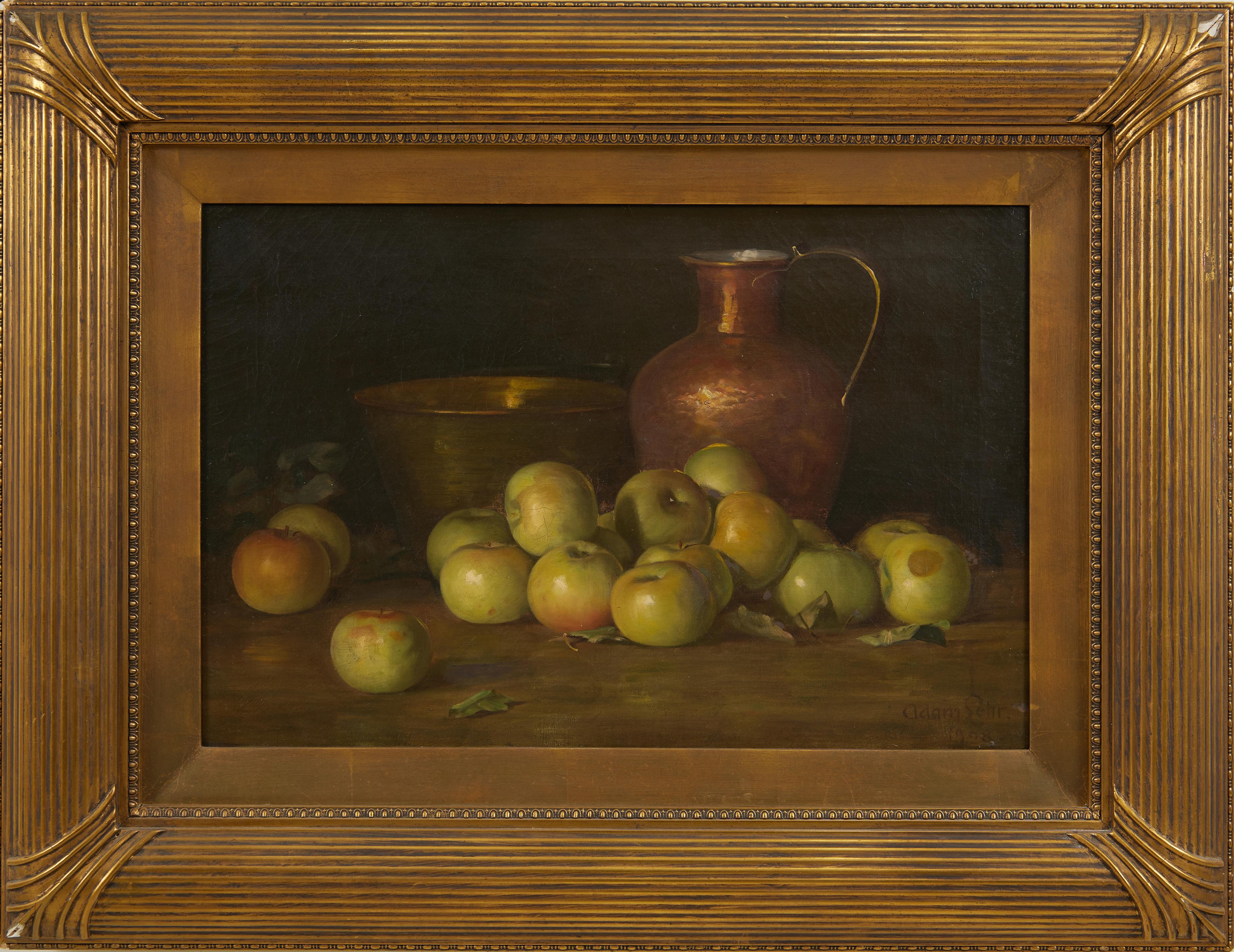 Adam Lehr Still-Life Painting - Early 20th Century Still Life w/ Green Apples & Copper Vessels, Cleveland School