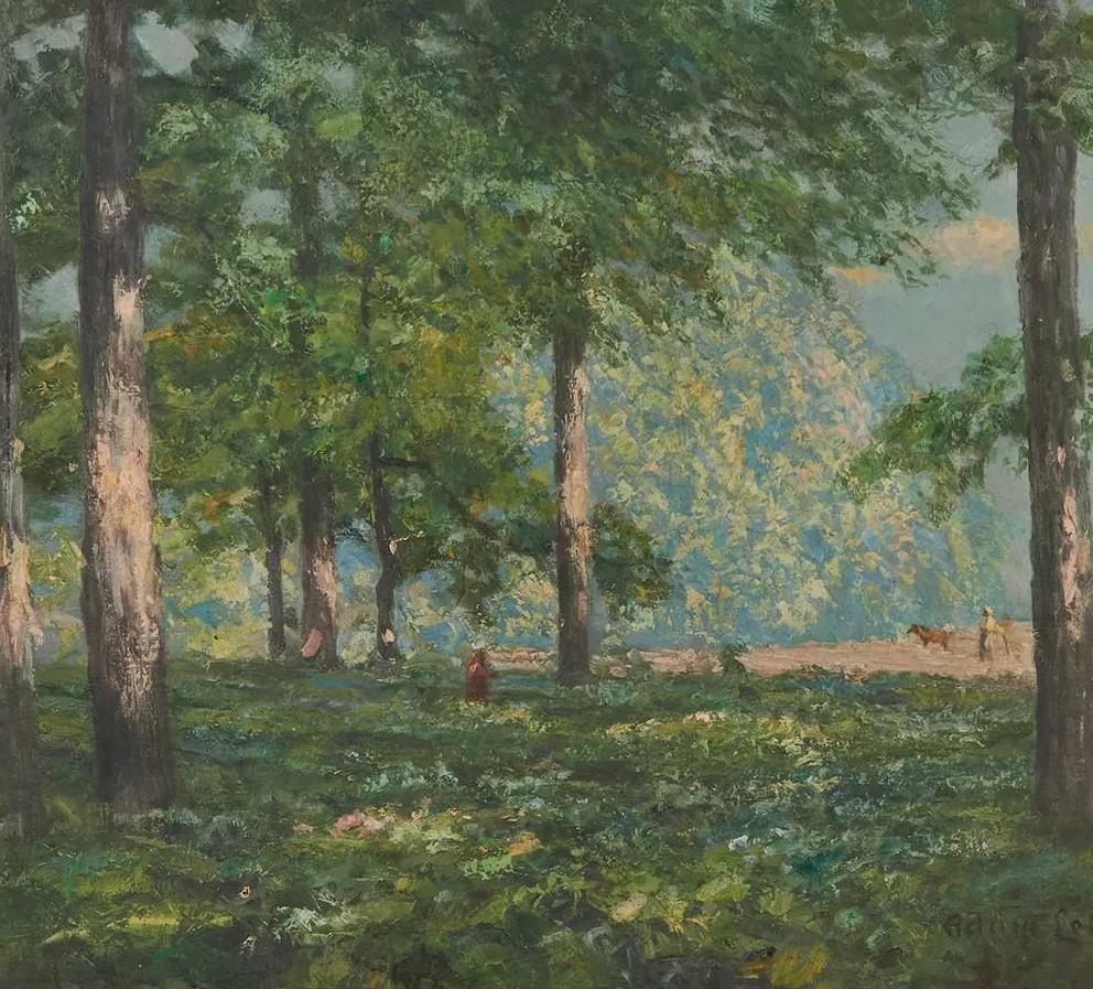 Adam Lehr Landscape Painting – Bewaldete Wiese