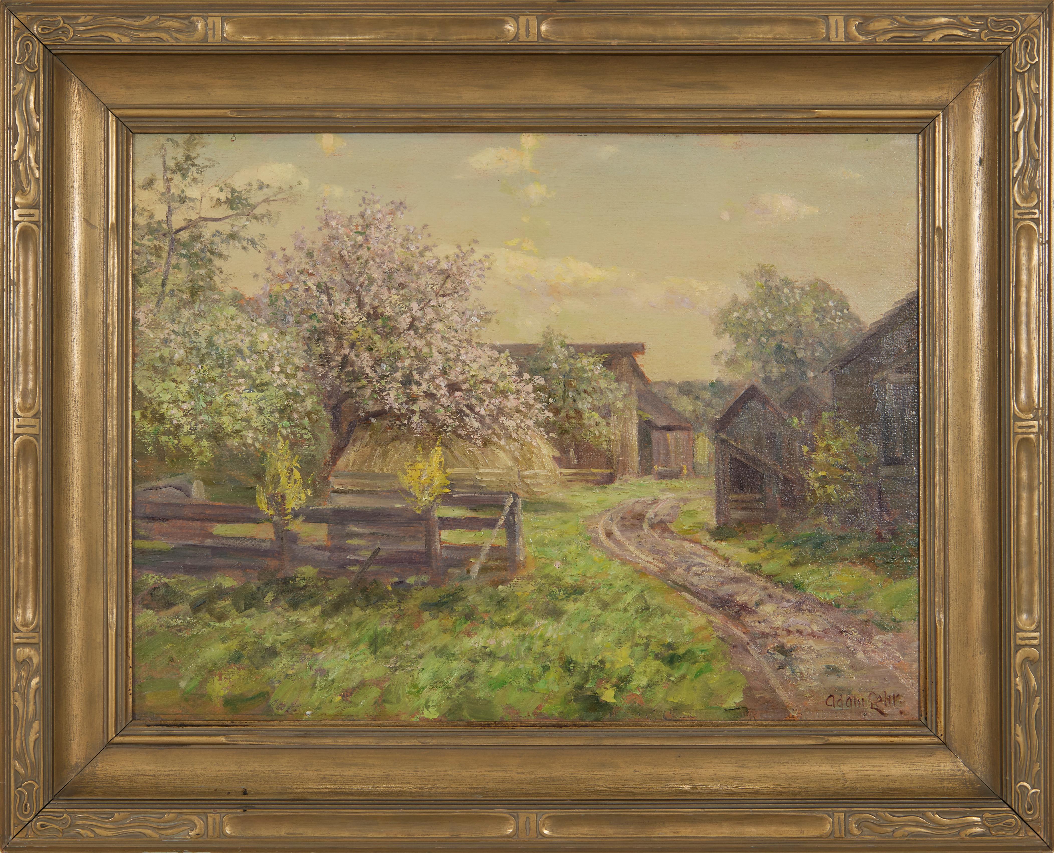 Adam Lehr Landscape Painting – Zoar, Ohio Landscape w/ Tree, Early 20th Century Midwest Town