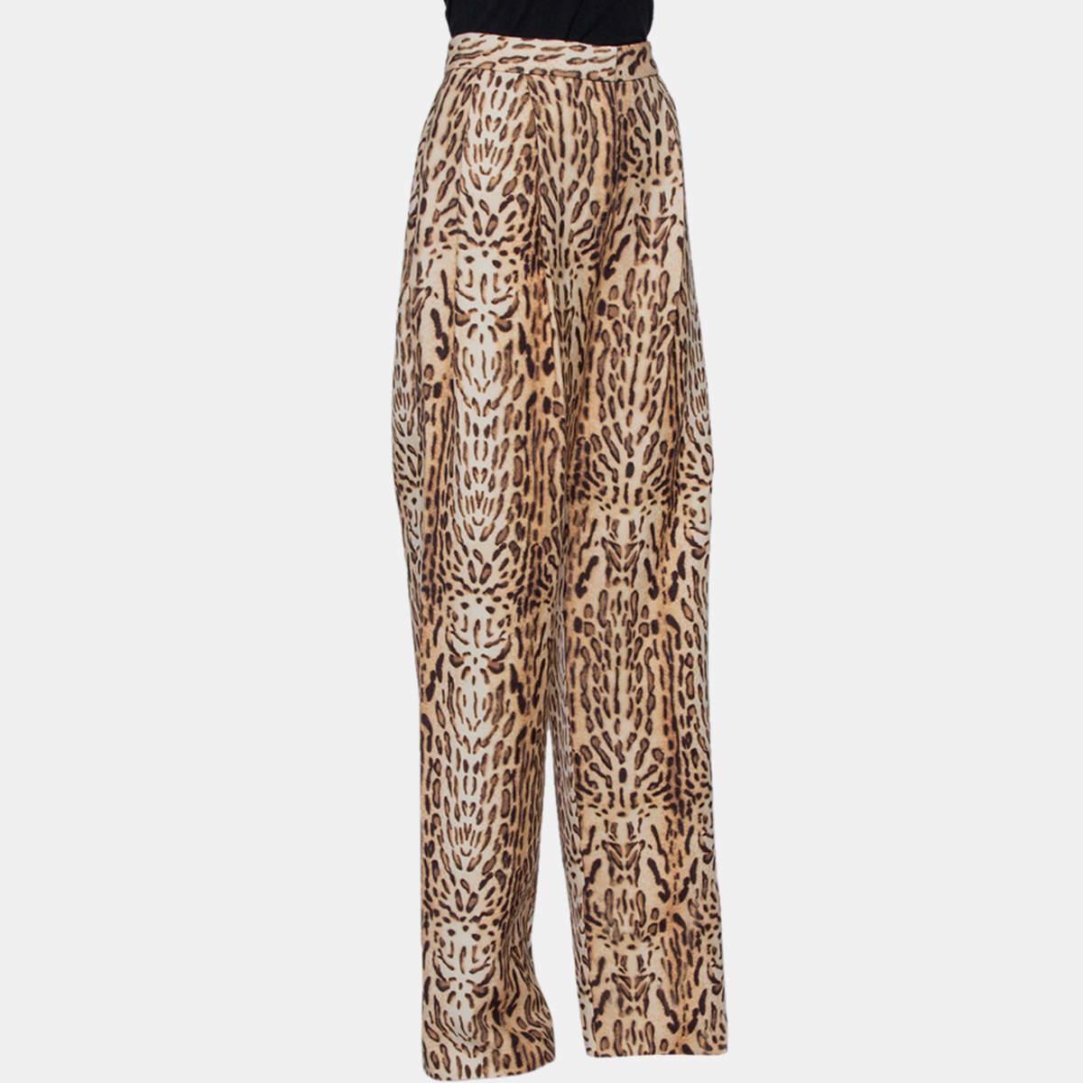 Adam Lippes Beige Animal Printed Wool Palazzo Pants S In New Condition For Sale In Dubai, Al Qouz 2