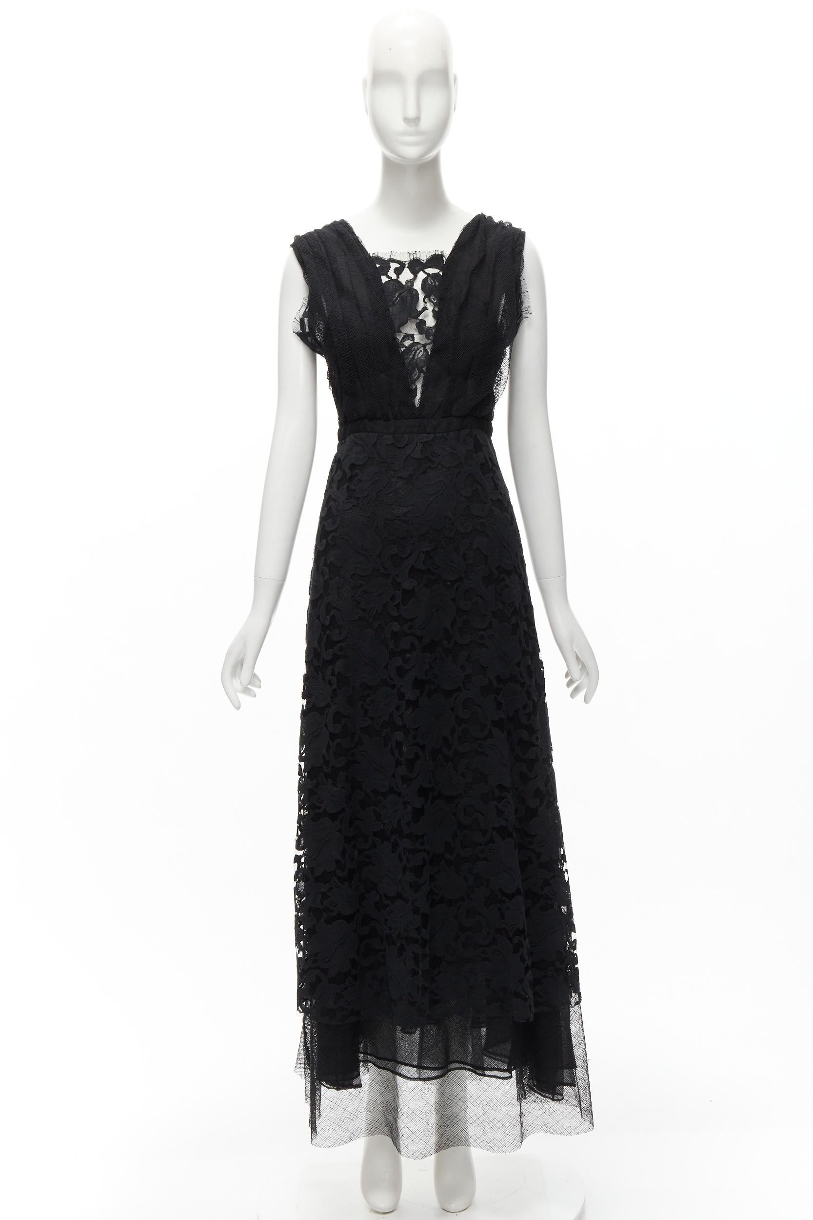 ADAM LIPPES black plunge illusion lace neckline empire waist layered gown US6 M For Sale 5