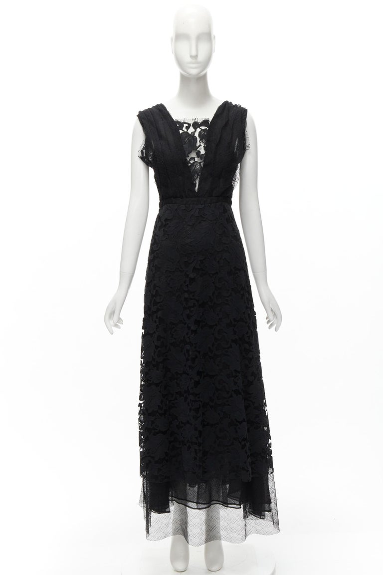 ADAM LIPPES black plunge illusion lace neckline empire waist layered gown  US6 M at 1stDibs
