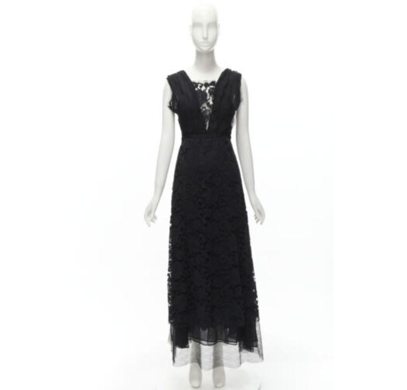 ADAM LIPPES black plunge illusion lace neckline empire waist layered gown US6 M For Sale 3