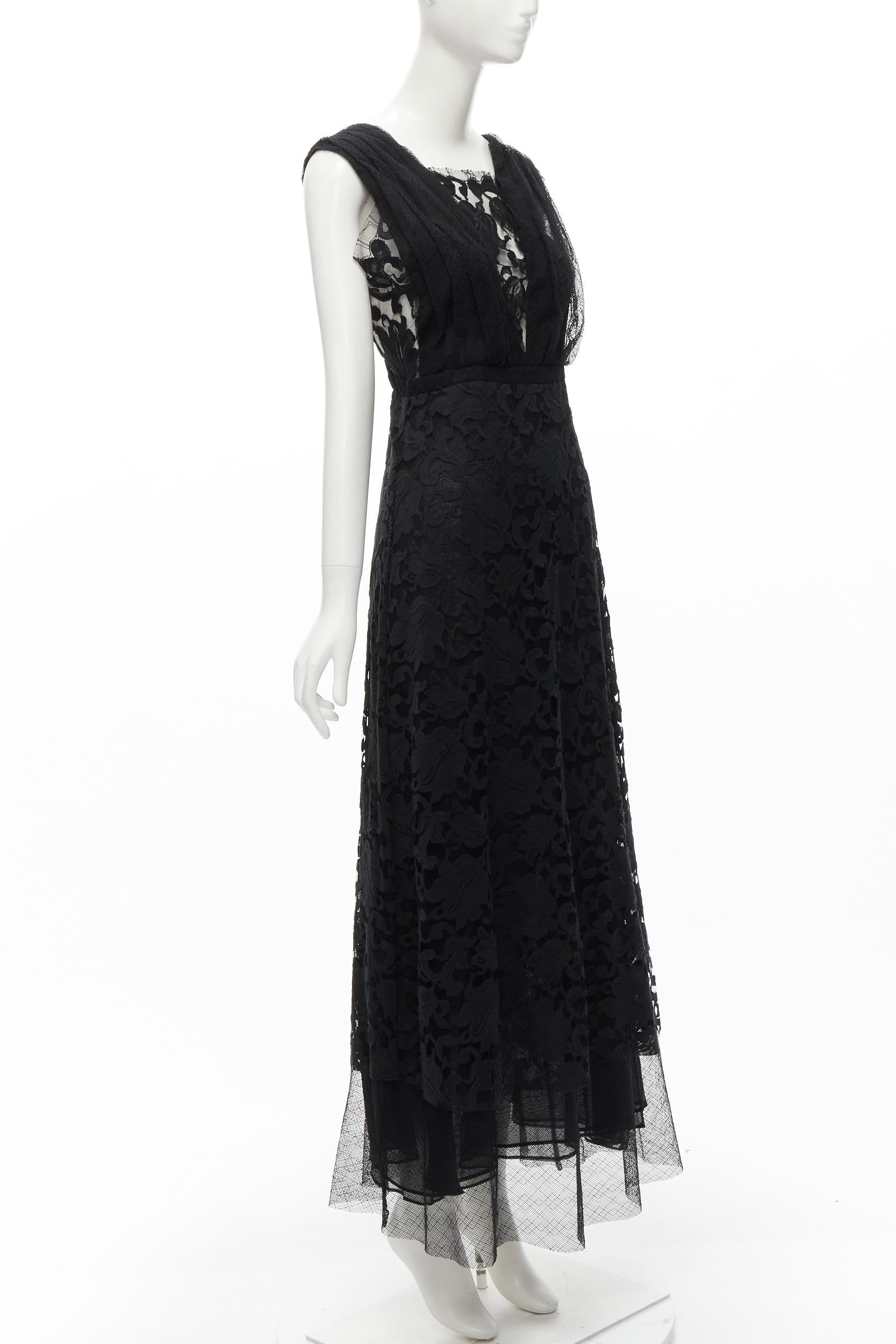 Black ADAM LIPPES black plunge illusion lace neckline empire waist layered gown US6 M For Sale