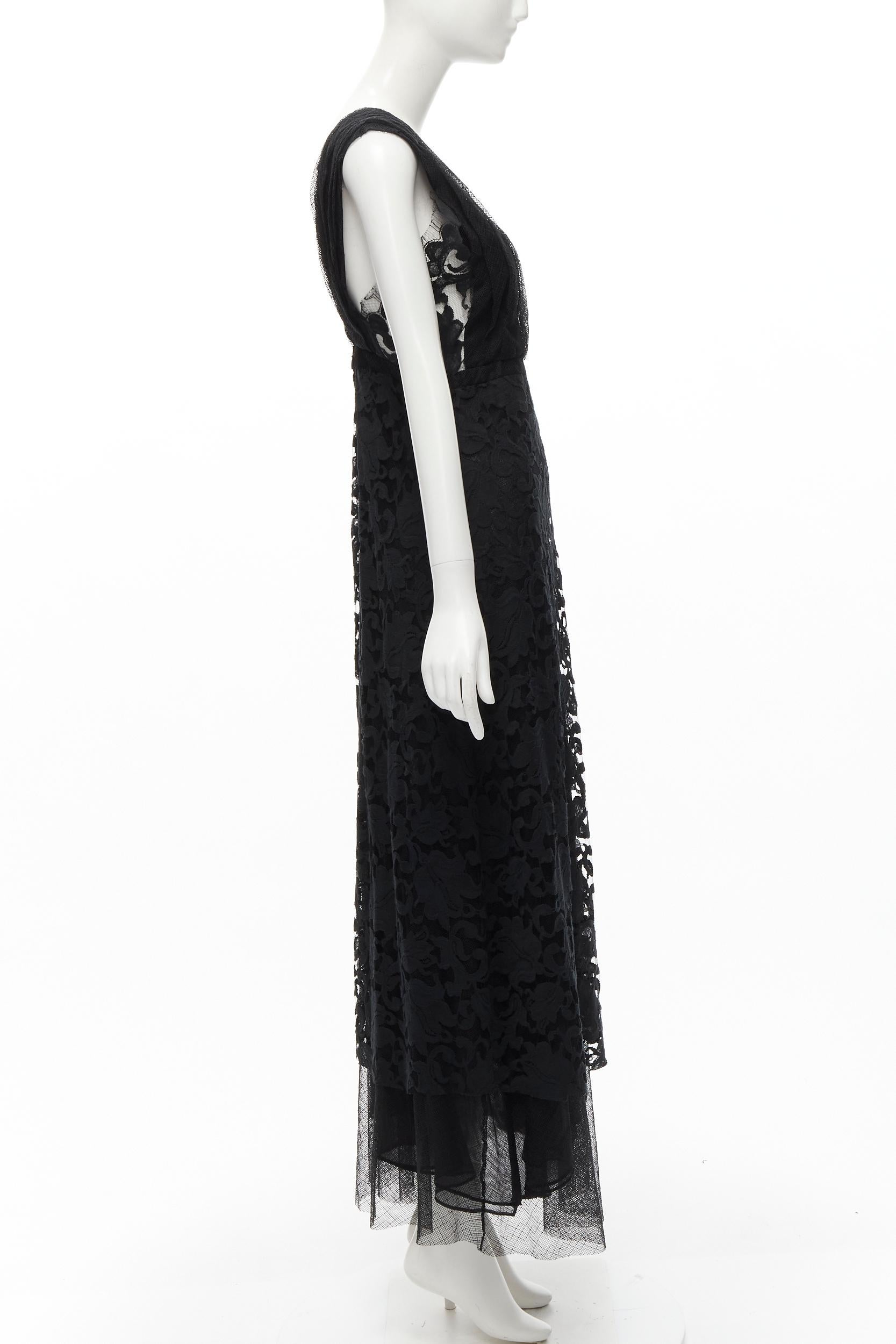 ADAM LIPPES black plunge illusion lace neckline empire waist layered gown US6 M In Excellent Condition For Sale In Hong Kong, NT