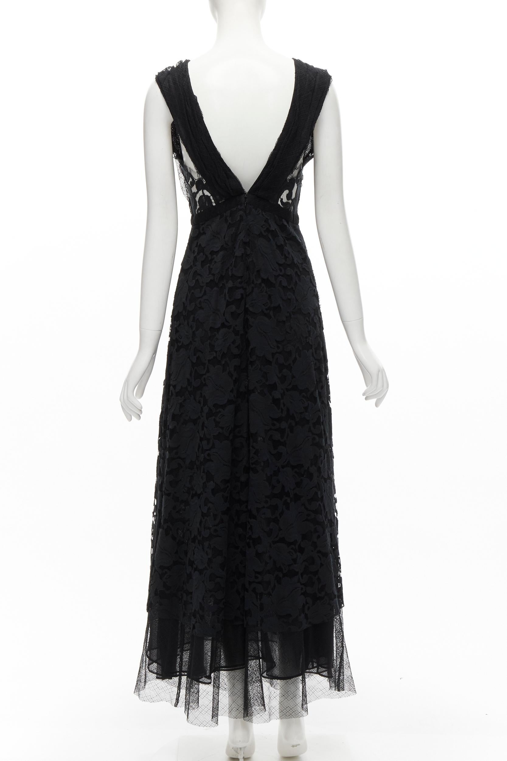Women's ADAM LIPPES black plunge illusion lace neckline empire waist layered gown US6 M For Sale