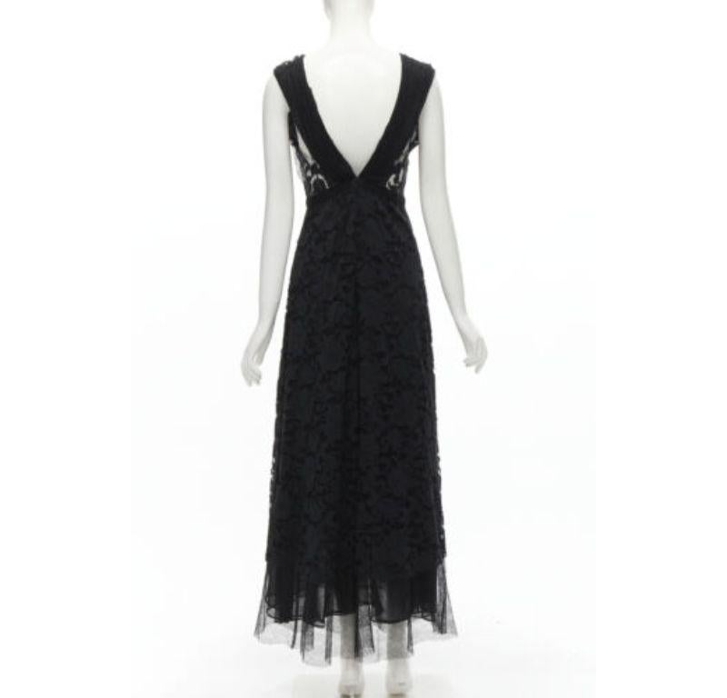 Black ADAM LIPPES black plunge illusion lace neckline empire waist layered gown US6 M For Sale