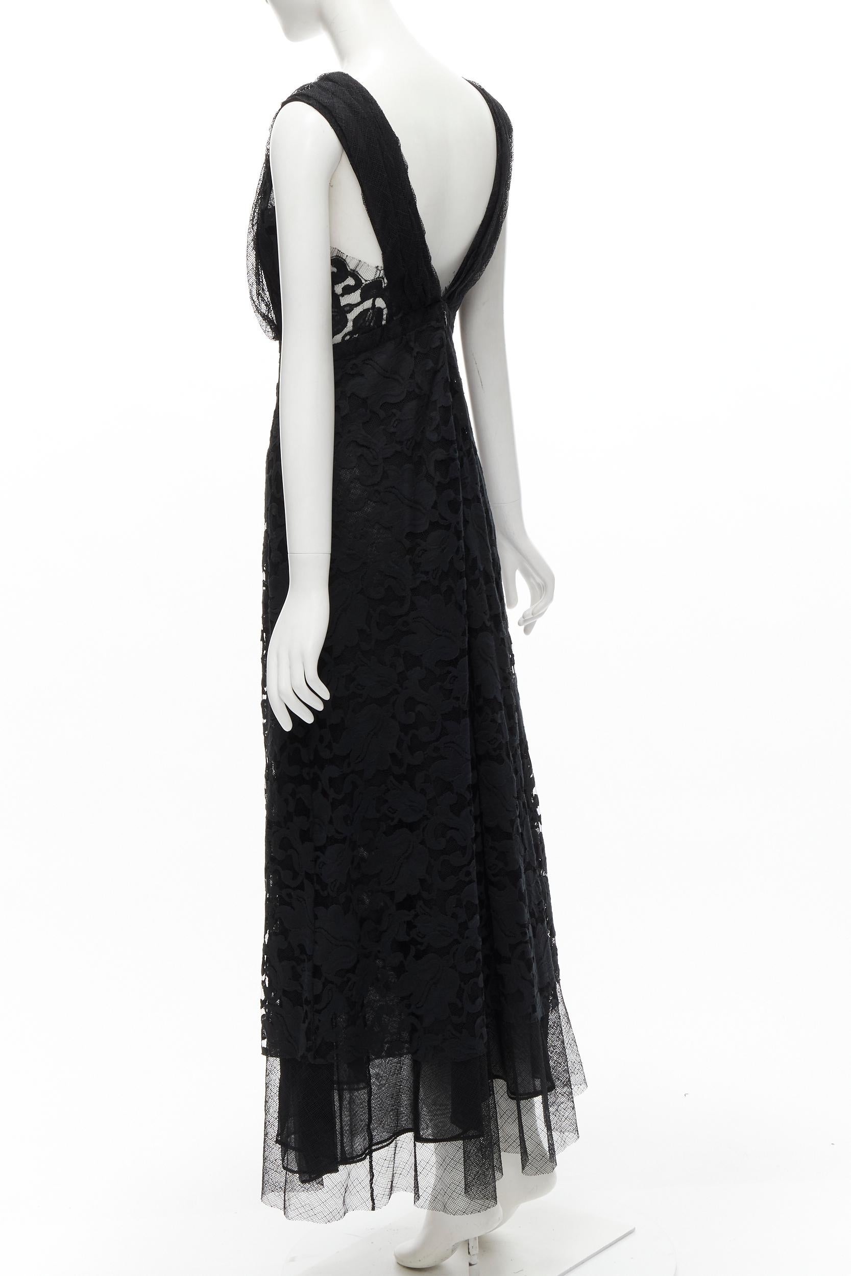 ADAM LIPPES black plunge illusion lace neckline empire waist layered gown US6 M For Sale 1