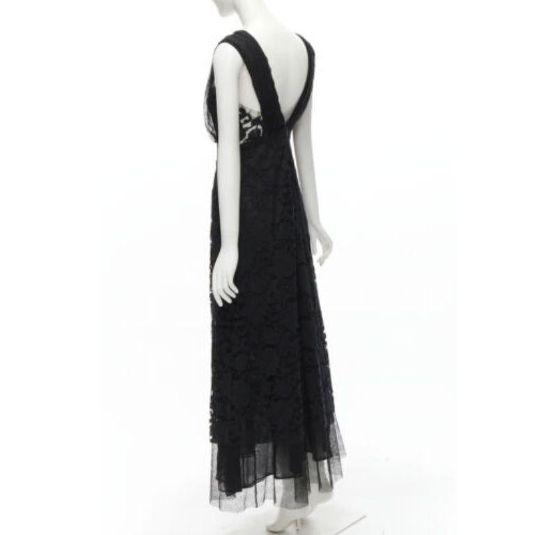 ADAM LIPPES black plunge illusion lace neckline empire waist layered gown US6 M In Excellent Condition For Sale In Hong Kong, NT