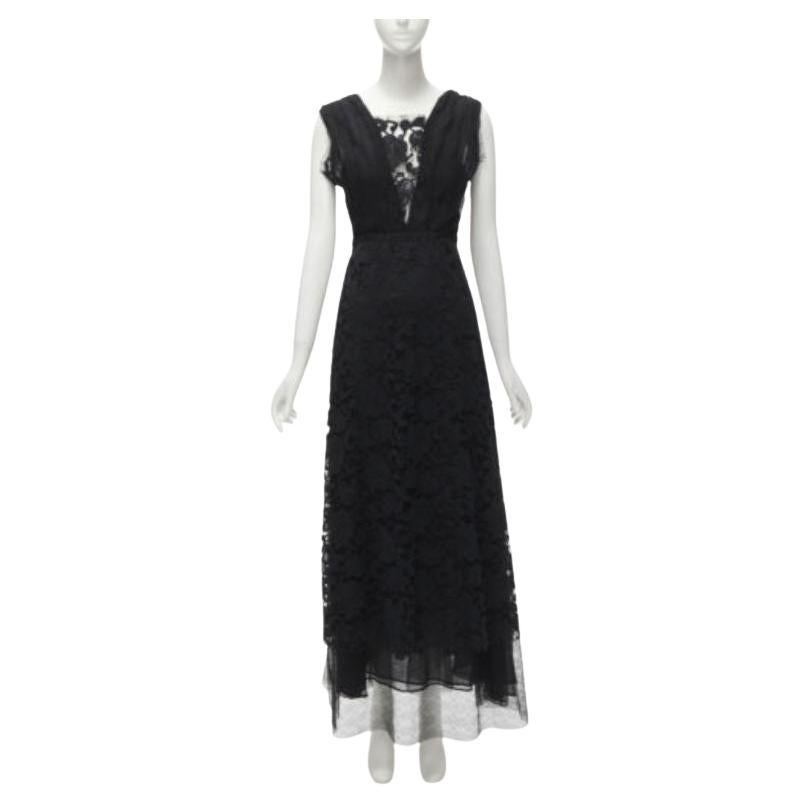 ADAM LIPPES black plunge illusion lace neckline empire waist layered gown US6 M For Sale