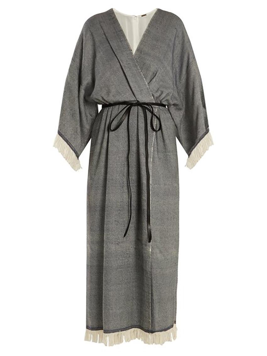 Adam Lippes Fringed Wool & Cashmere-Blend Wrap Dress Size 2 For Sale