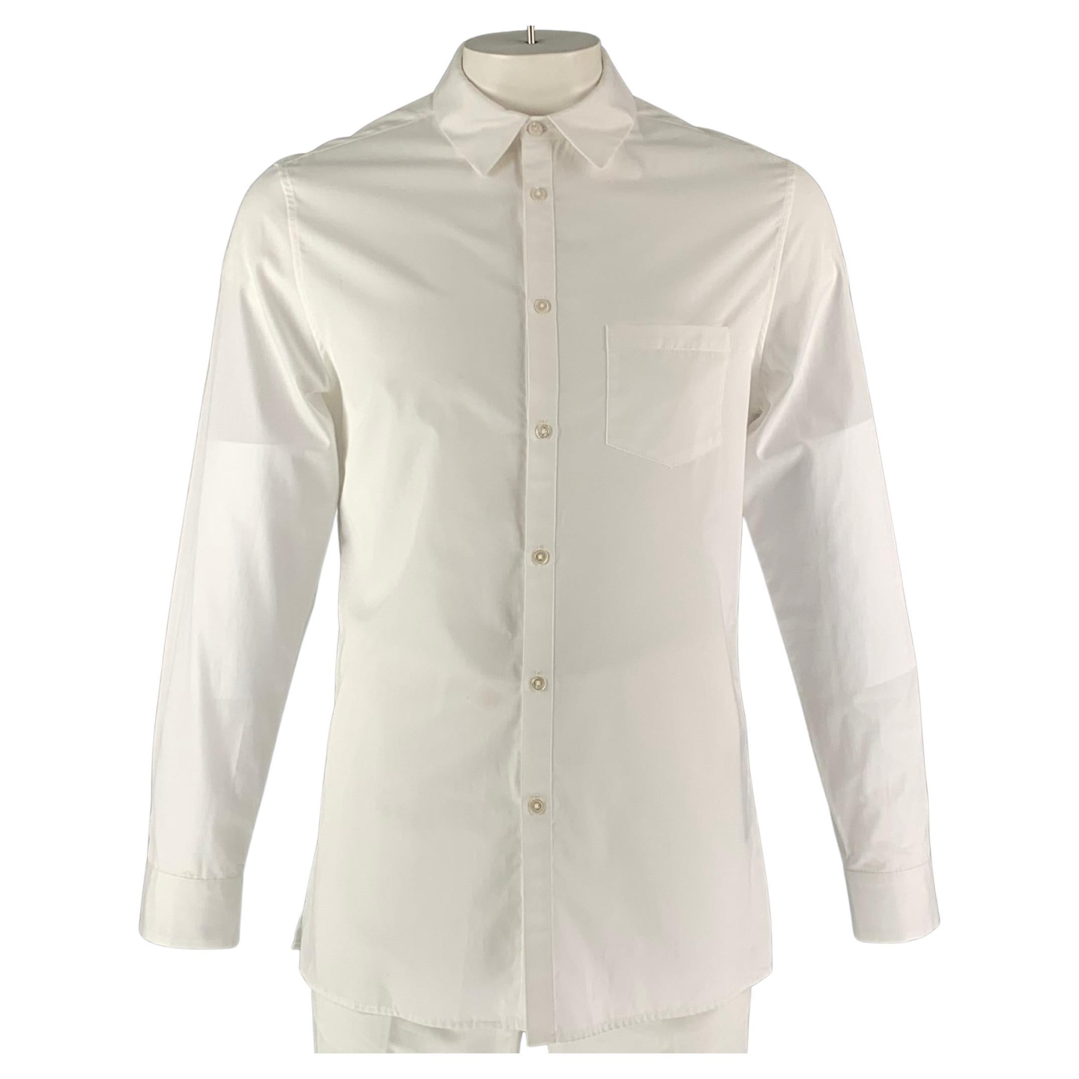 ADAM LIPPES Size L White Solid Cotton Button Up Long Sleeve Shirt