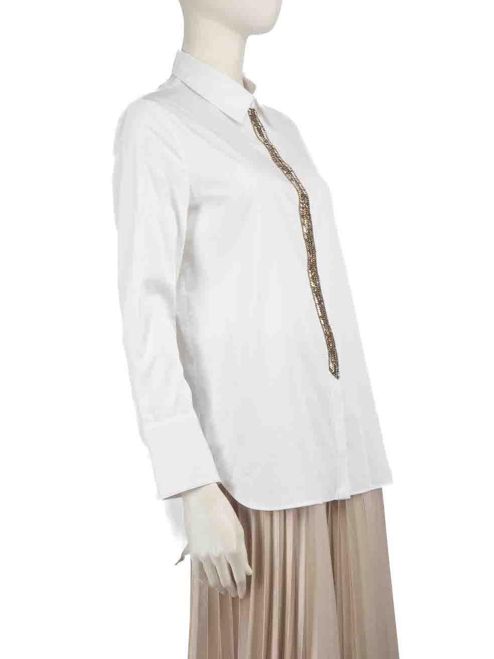 CONDITION is Never worn, with tags. However, discolouration mark to left shoulder is evident due to poor storage on this new Adam Lippes designer resale item.
 
 
 
 Details
 
 
 White
 
 Cotton
 
 Shirt
 
 Long sleeves
 
 Crystal embellished
