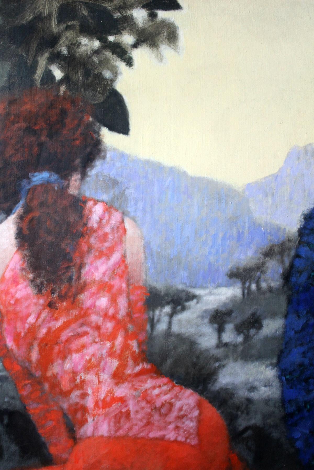 A meeting - Figurative oil painting, A couple, Landscape, Blue & red - Painting by Adam Marczukiewicz