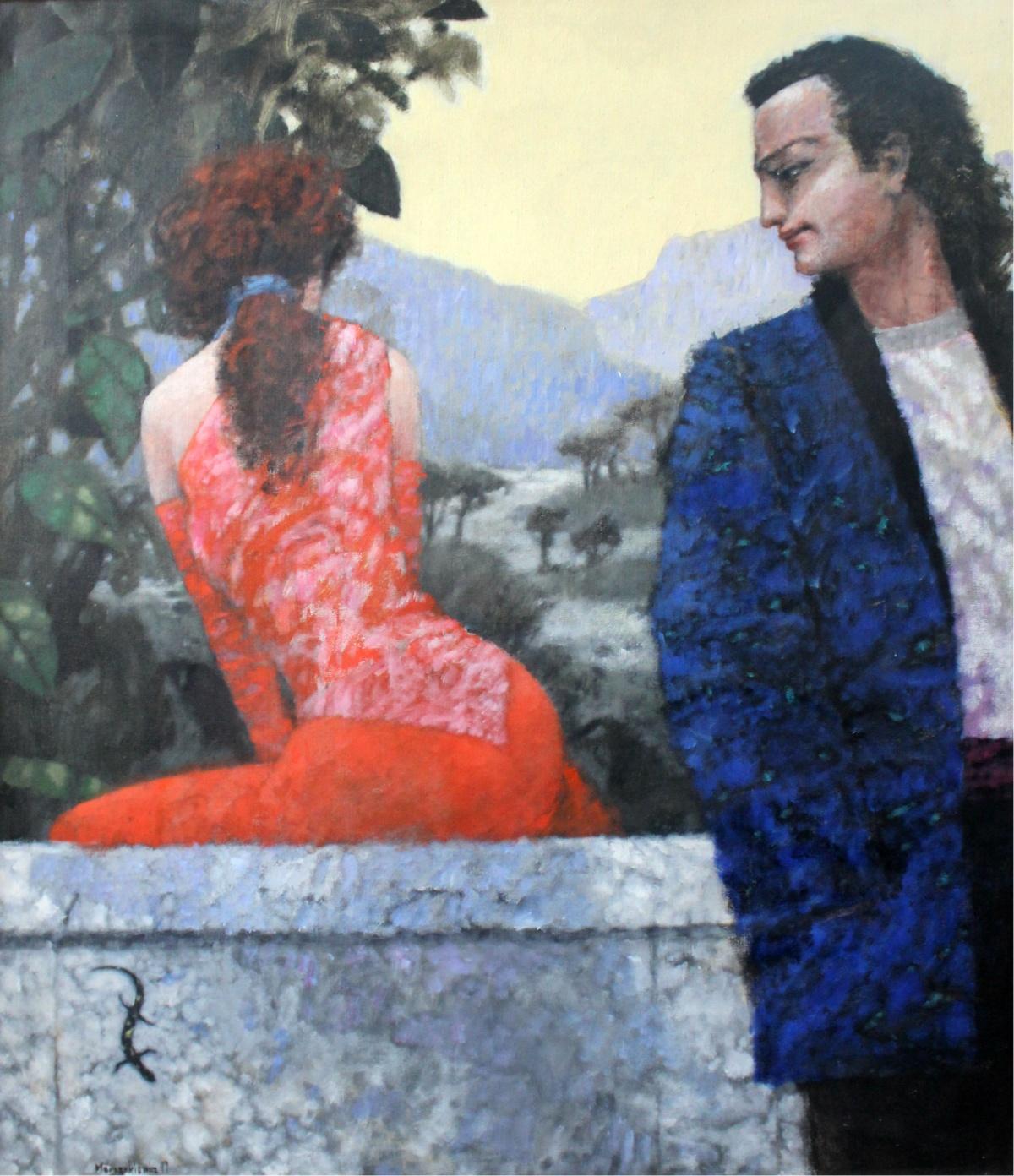 Adam Marczukiewicz Figurative Painting - A meeting - Figurative oil painting, A couple, Landscape, Blue & red