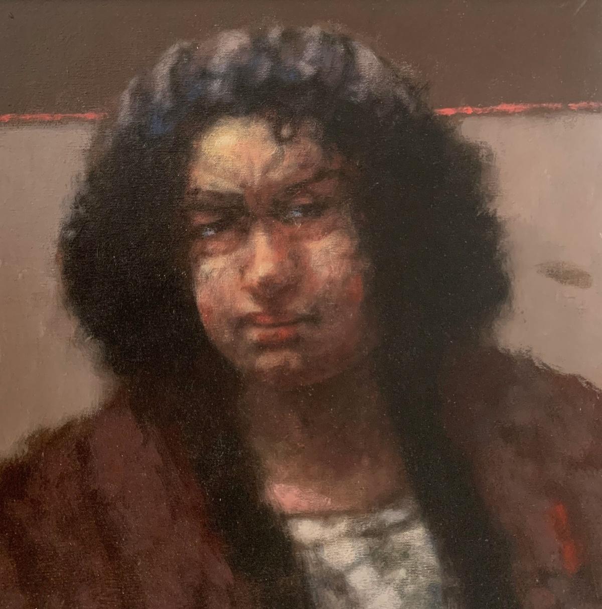 Retrato. Pintura figurativa al óleo, Tonos oscuros, Artista polaco en venta 3