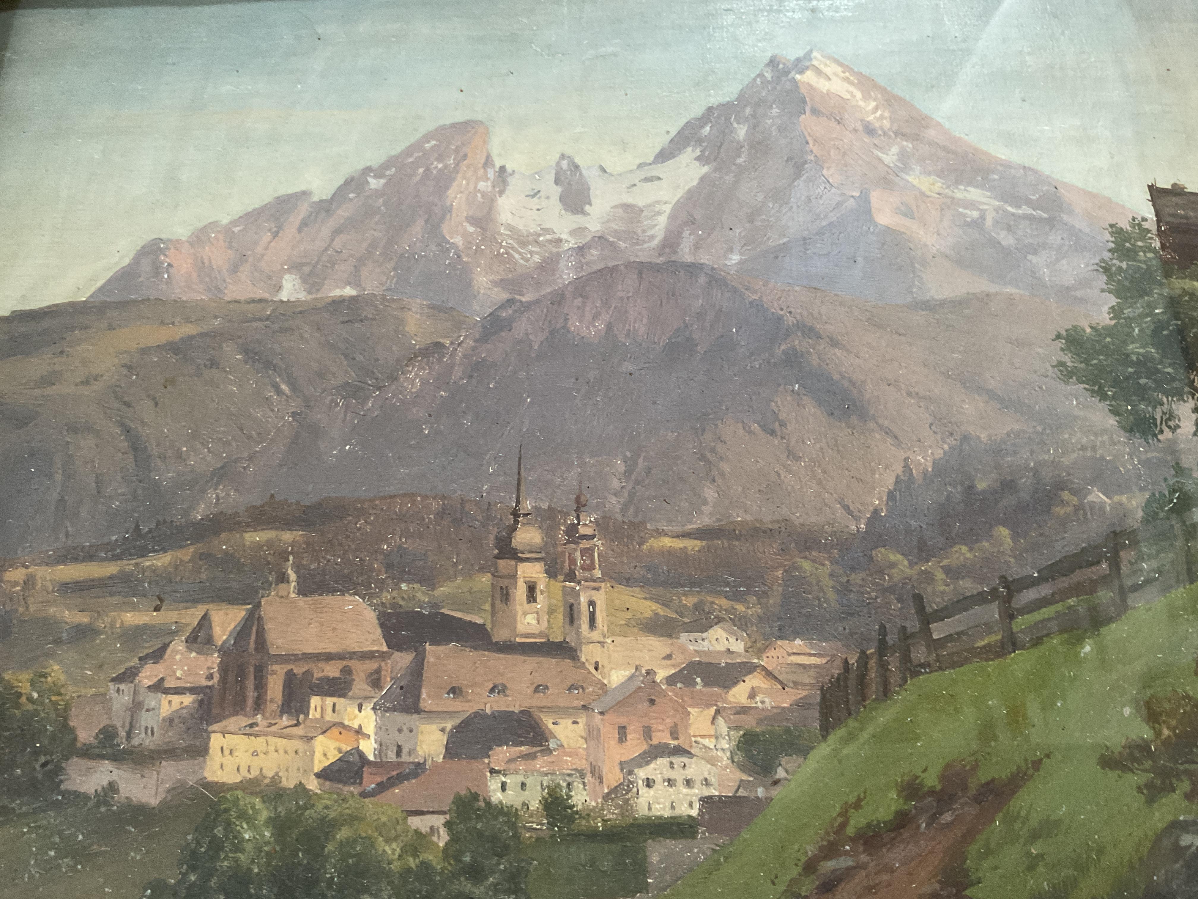 Villaggio alpino dipinto a olio dall'artista americano quotato Adam M. Stevenson, 1860 ca. - Painting di Adam May Stevenson