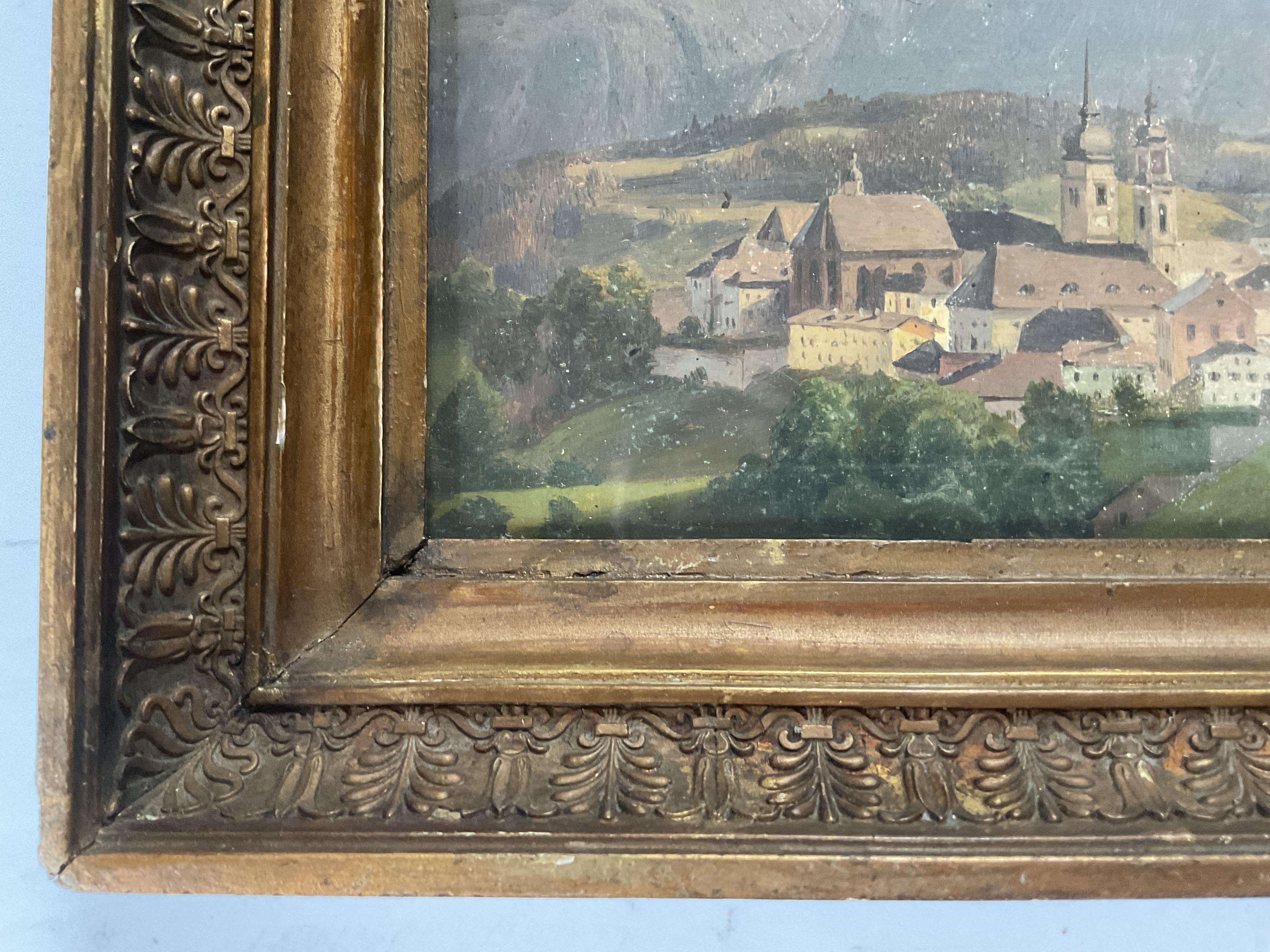 Villaggio alpino dipinto a olio dall'artista americano quotato Adam M. Stevenson, 1860 ca. - Painting Romantico di Adam May Stevenson