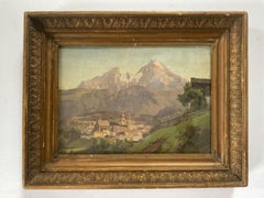 Villaggio alpino dipinto a olio dall'artista americano quotato Adam M. Stevenson, 1860 ca.