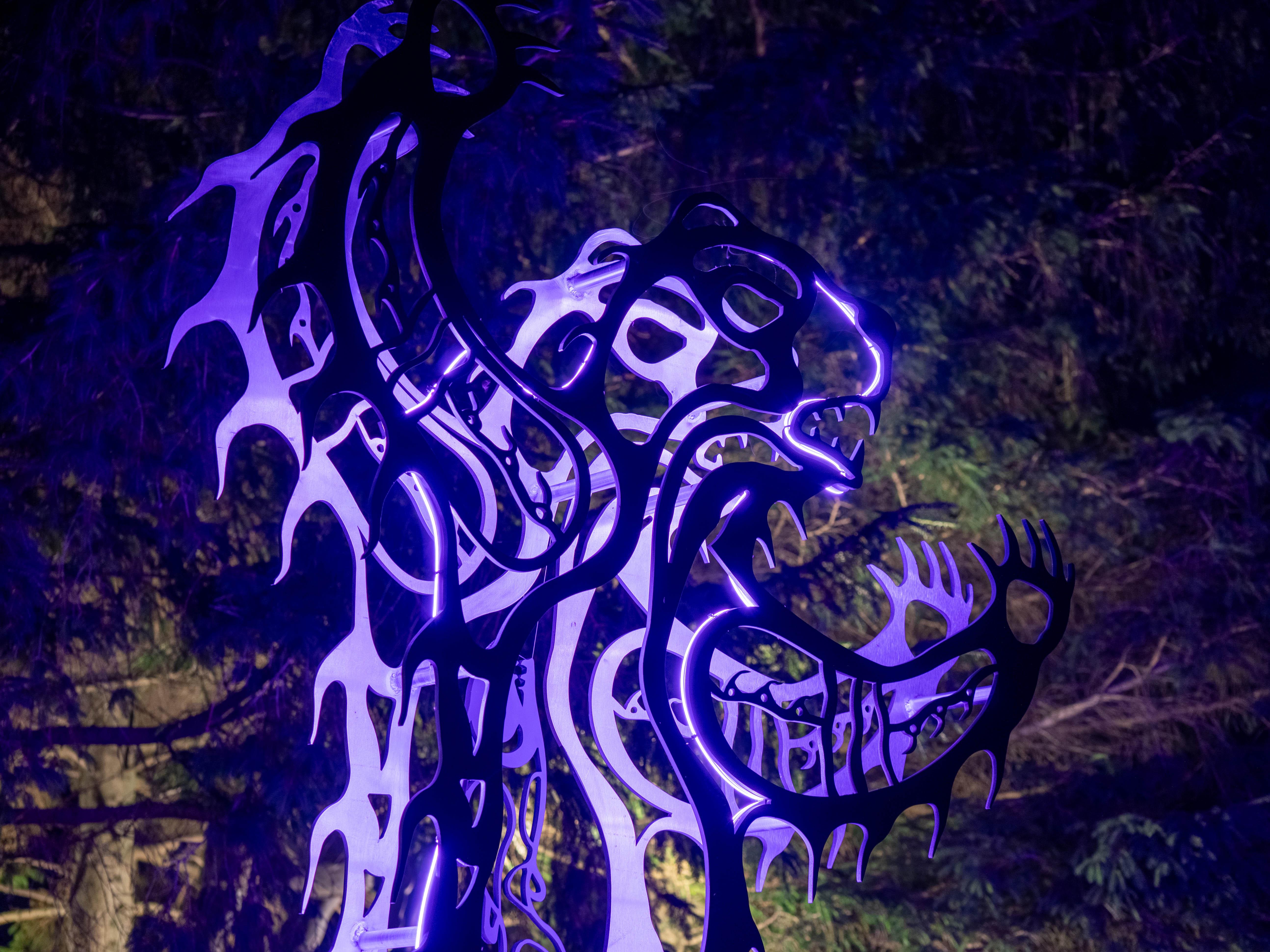 Bear - figurative, Six Nations Mohawk, animal, LED, aluminum outdoor sculpture For Sale 7