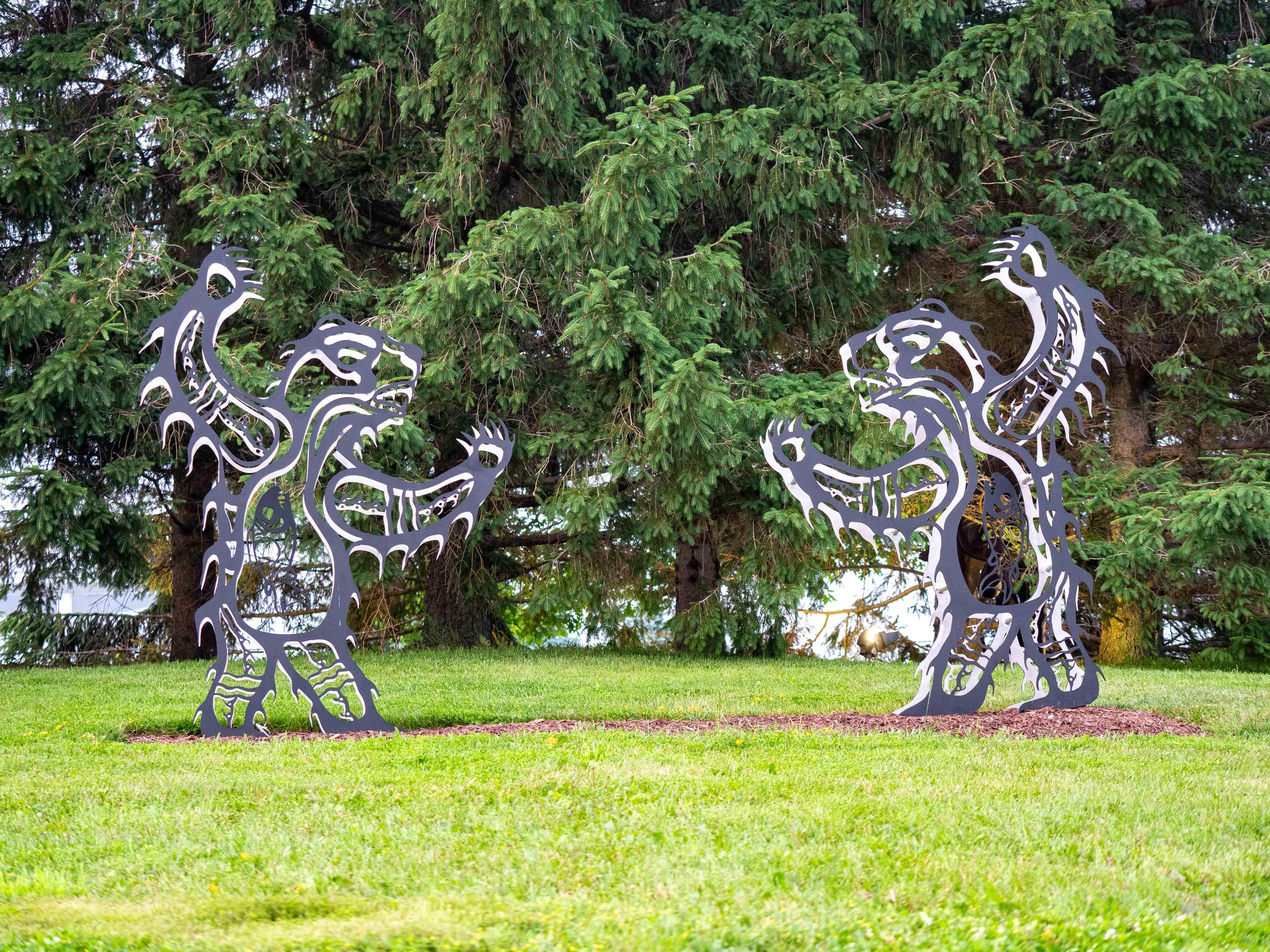 The majesty of woodland animals is celebrated in these striking metal sculptures by the Six Nations Mohawk artist Adam Monture. Monture’s beautiful paintings of woodland animals—bears, deer, wolves, turtles, loons and herons were re-imagined as