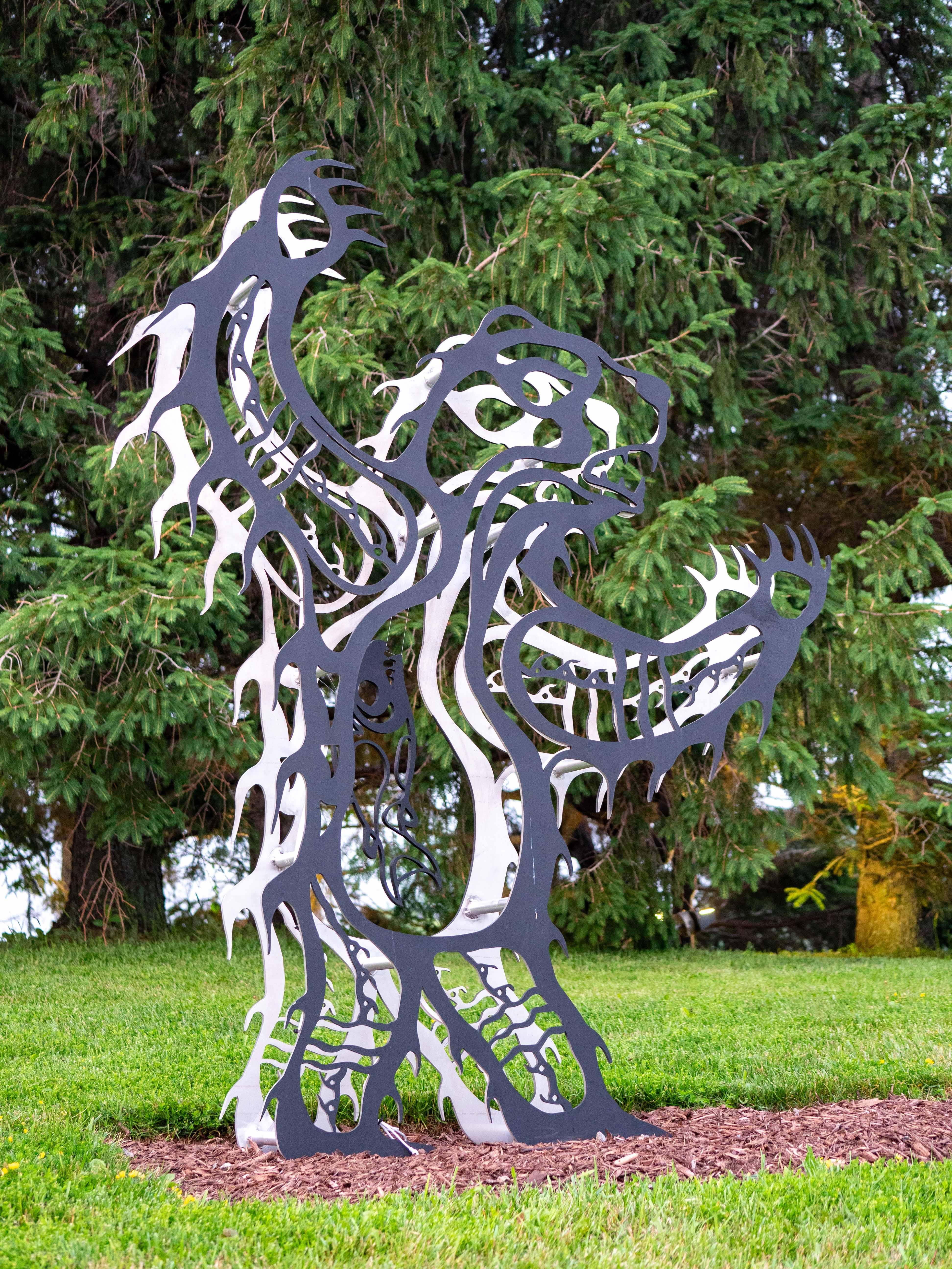Bear - figurative, Six Nations Mohawk, animal, LED, aluminum outdoor sculpture For Sale 1
