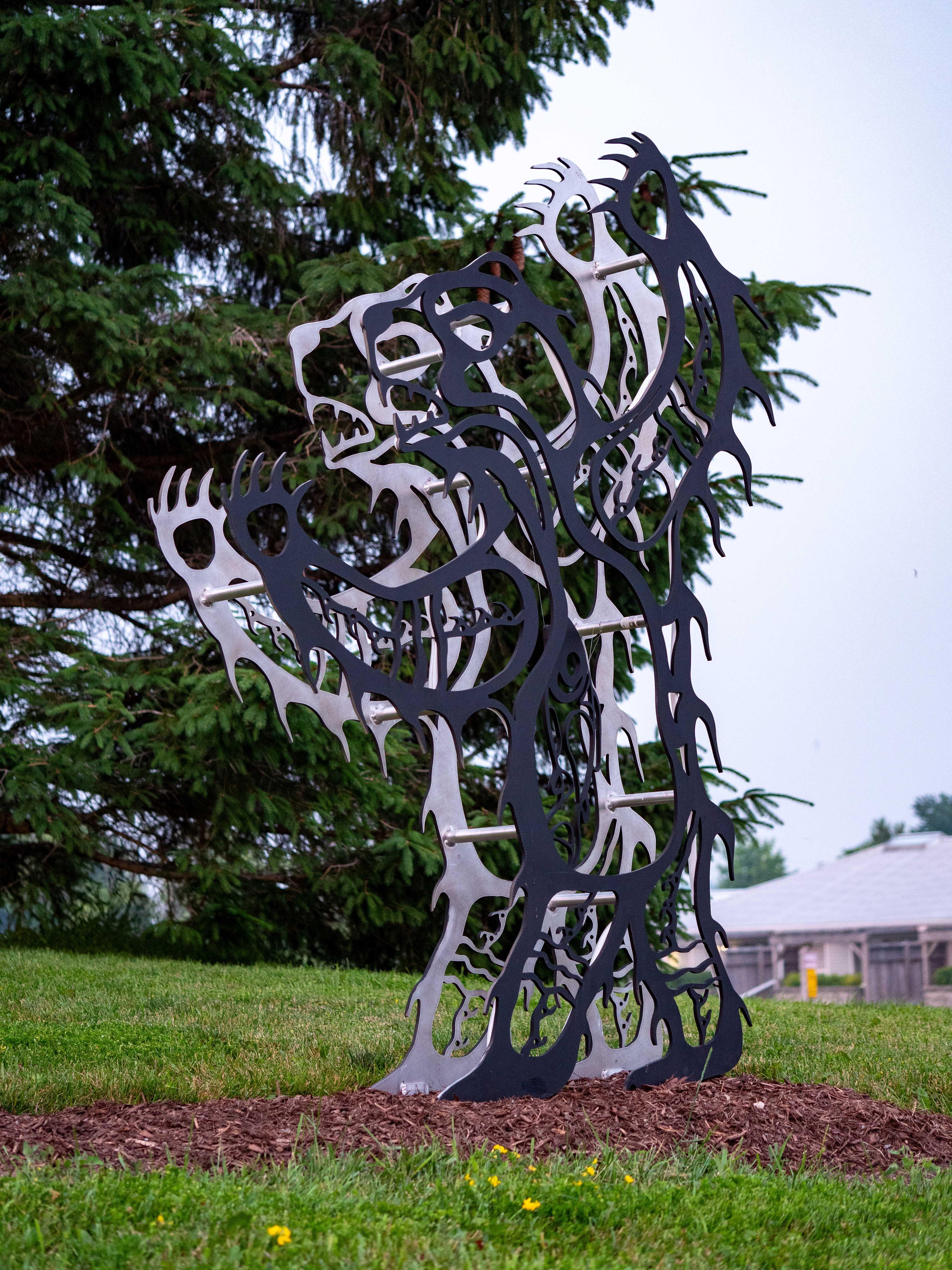 The majesty of woodland animals is celebrated in these striking metal sculptures by the Six Nations Mohawk artist Adam Monture. Monture’s beautiful paintings of woodland animals—bears, deer, wolves, turtles, loons and herons were re-imagined as