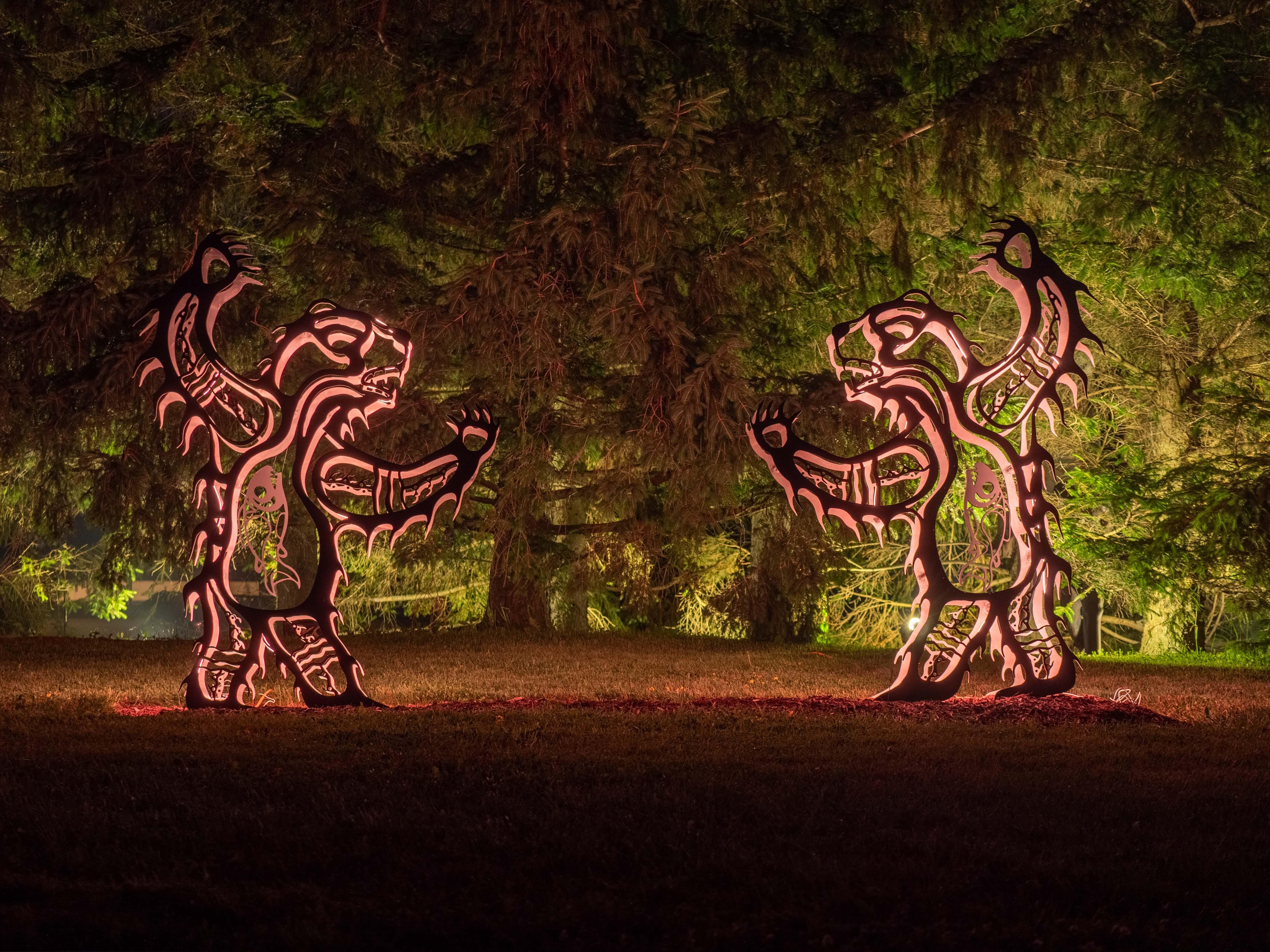 Bear - figurative, Six Nations Mohawk, animal, LED, aluminum outdoor sculpture For Sale 4