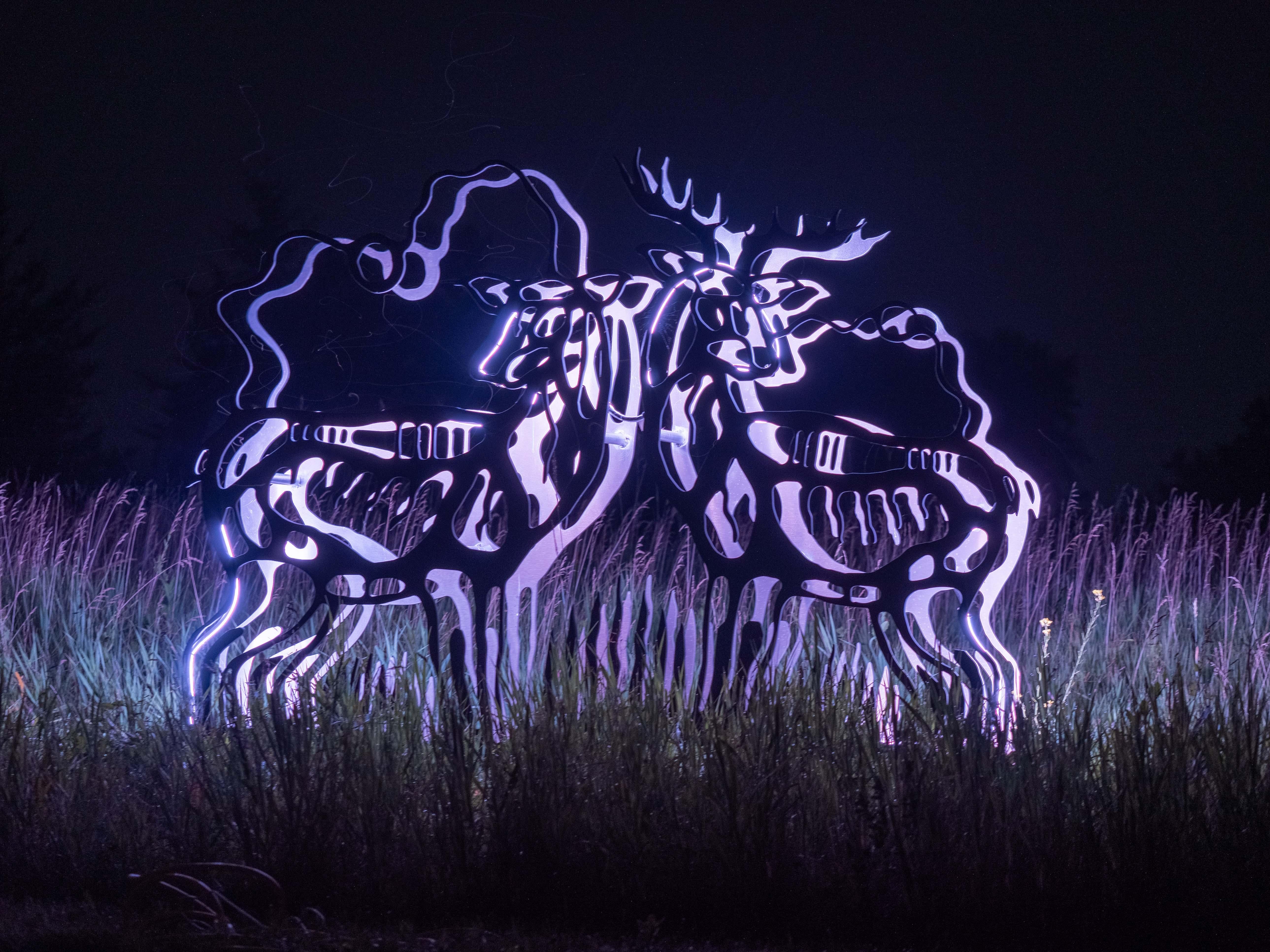 Deer - figurative, Six Nations Mohawk, animal, LED, aluminum outdoor sculpture For Sale 13