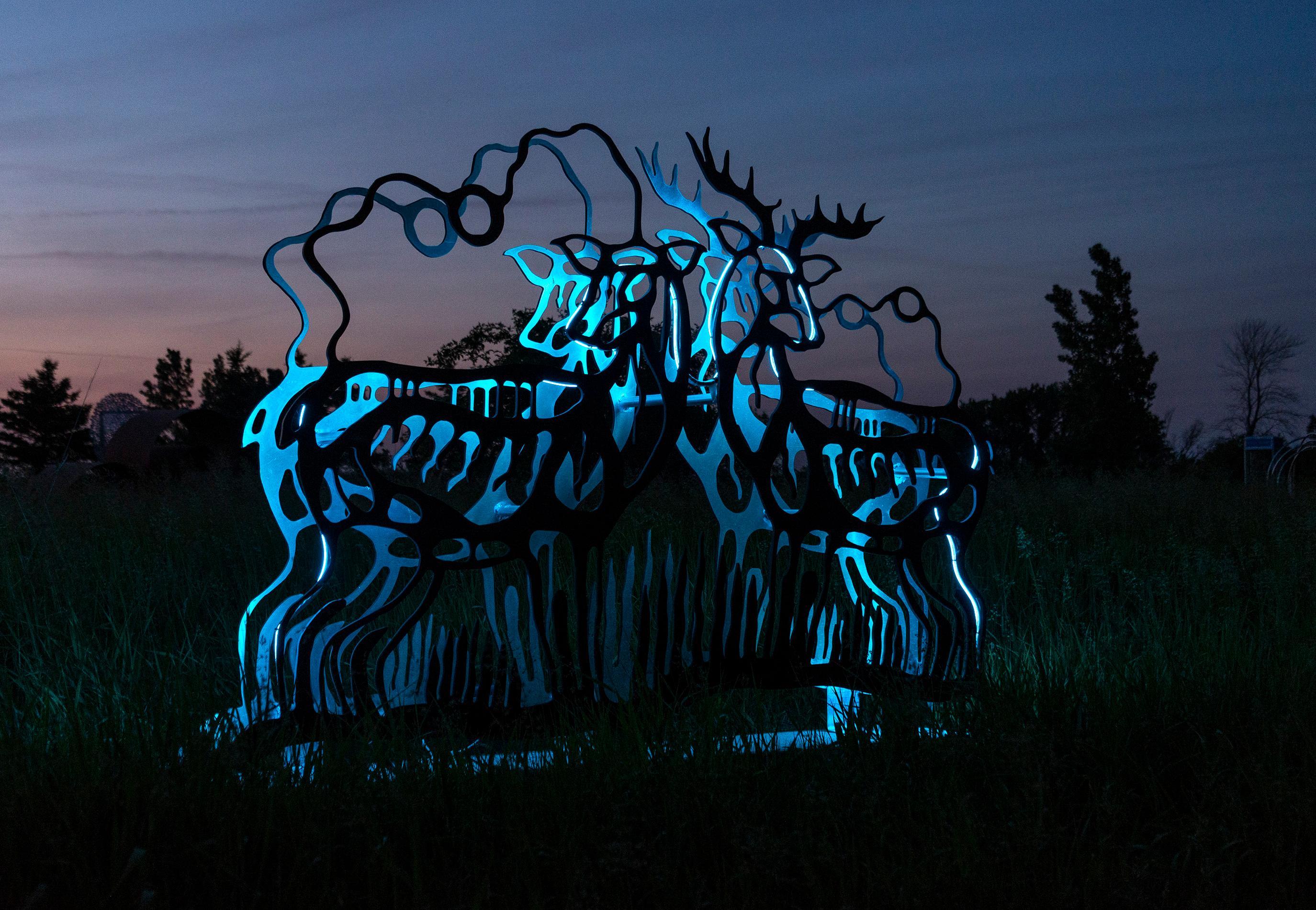 Deer - figurative, Six Nations Mohawk, animal, LED, aluminum outdoor sculpture - Sculpture by Adam Monture & Jeremy Freiburger