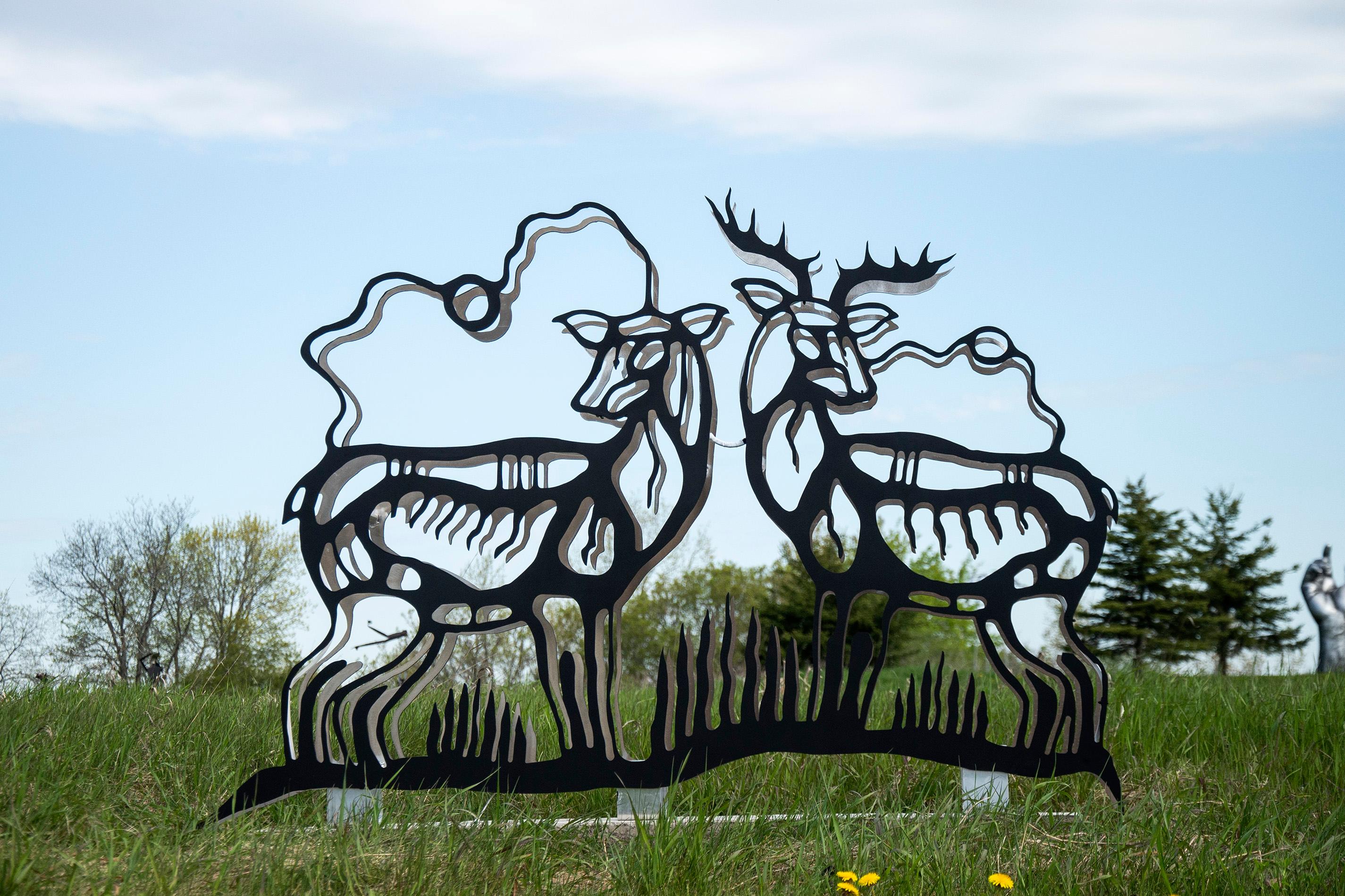 Deer - figurative, Six Nations Mohawk, animal, LED, aluminum outdoor sculpture - Contemporary Sculpture by Adam Monture & Jeremy Freiburger