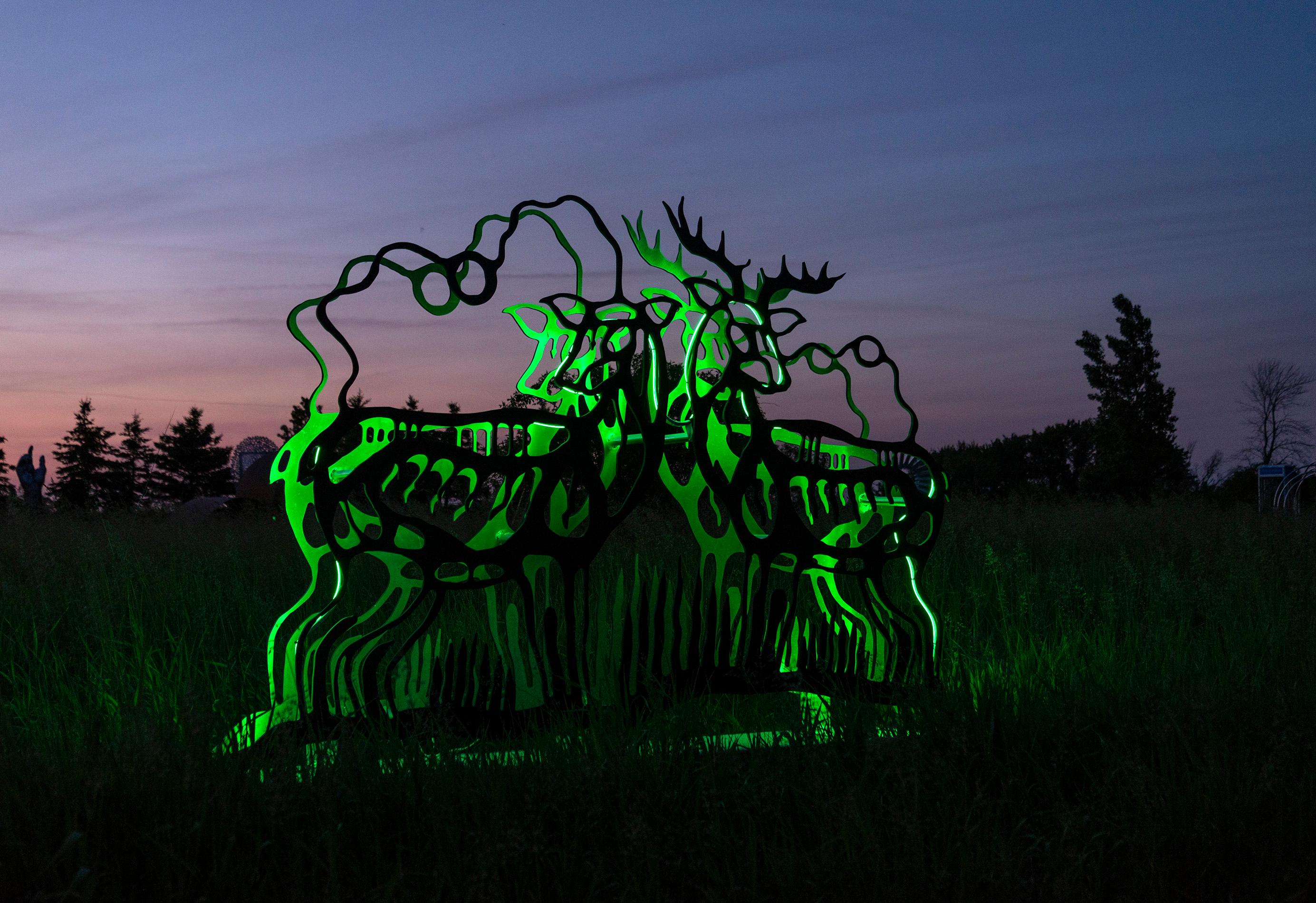 The majesty of woodland animals is celebrated in these striking metal sculptures by the Six Nations Mohawk artist Adam Monture. Monture’s beautiful paintings of woodland animals—deer, bears, wolves, turtles, loons and herons were re-imagined as