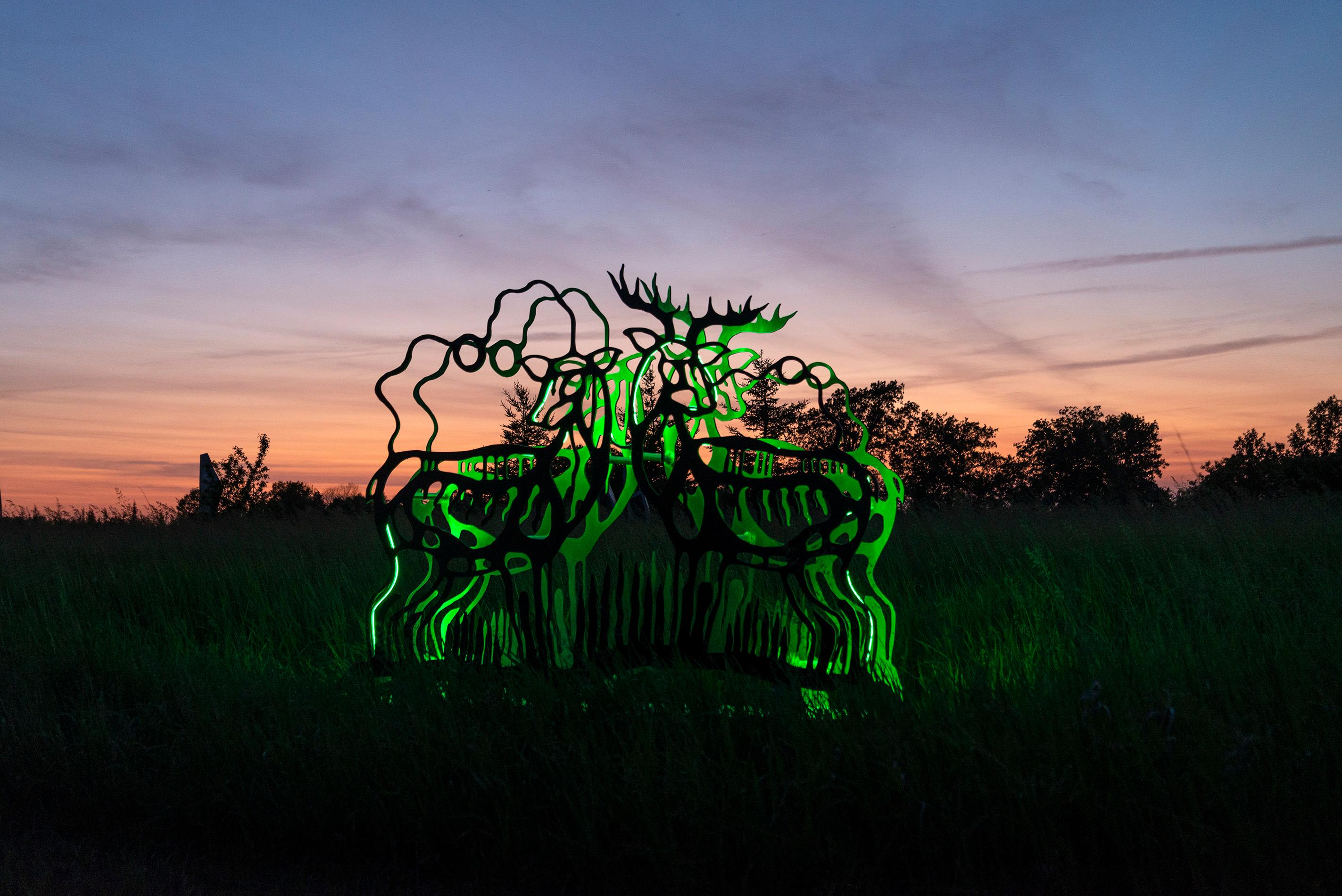 Deer - figurative, Six Nations Mohawk, animal, LED, aluminum outdoor sculpture For Sale 1
