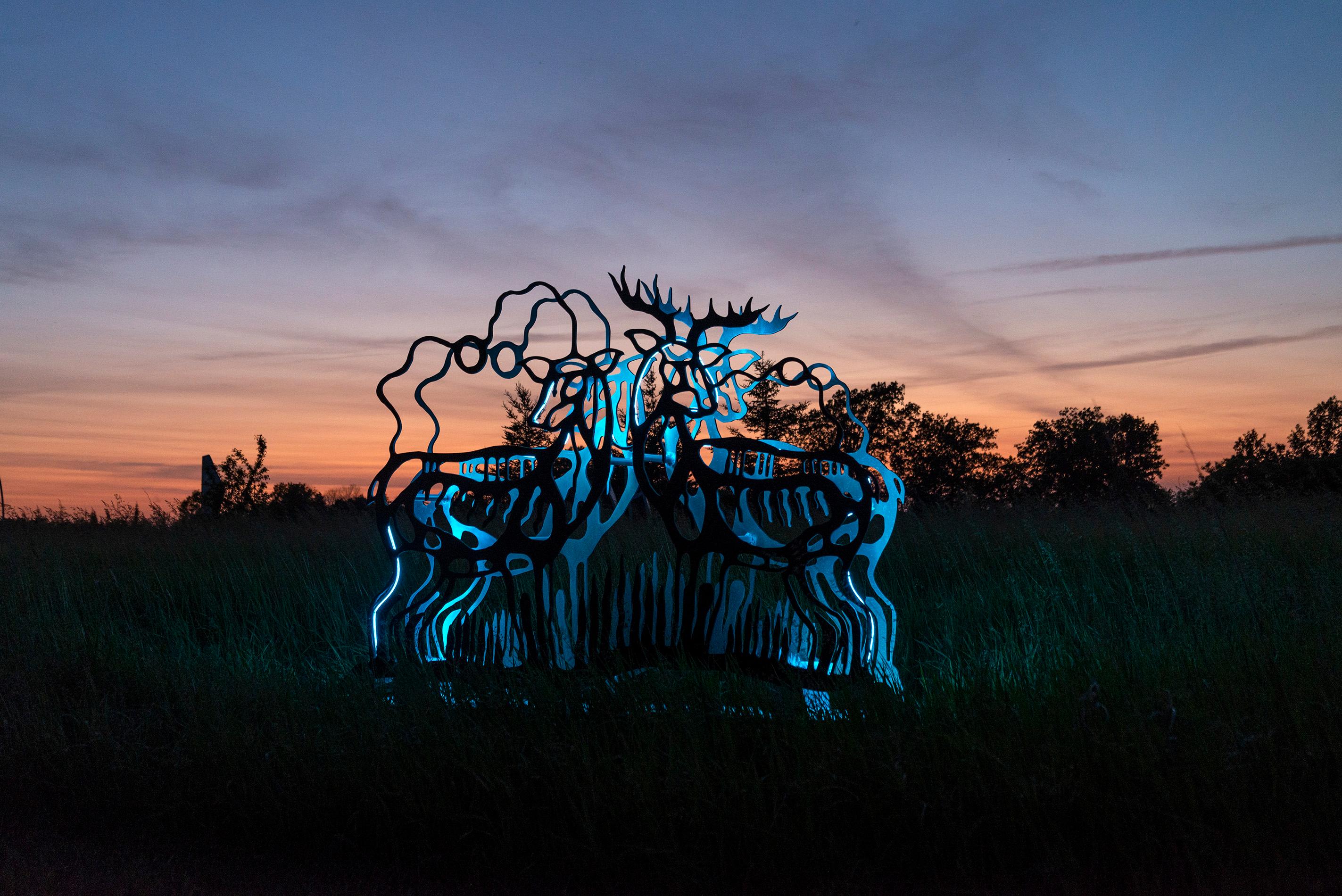 Deer - figurative, Six Nations Mohawk, animal, LED, aluminum outdoor sculpture For Sale 2