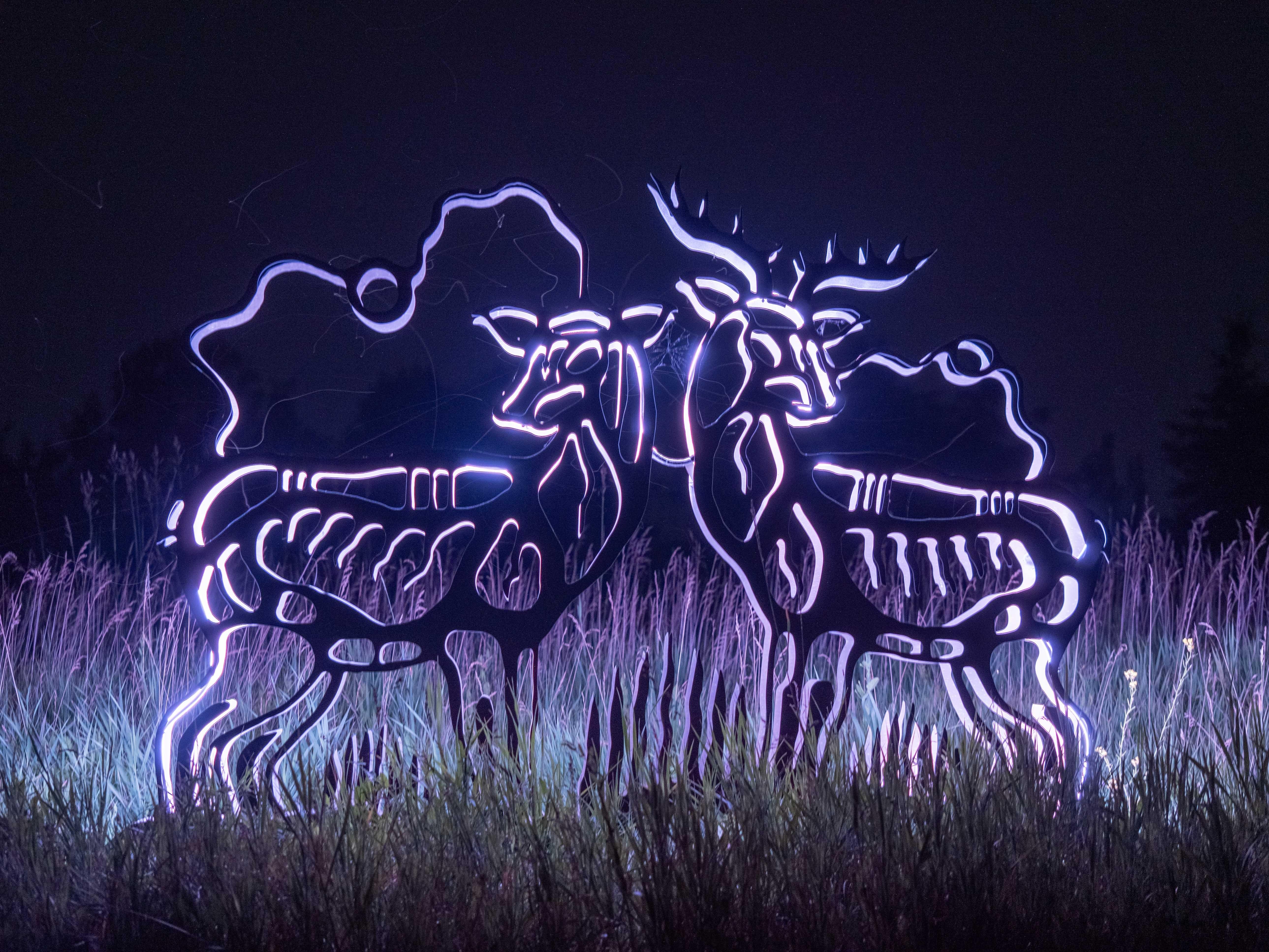 Adam Monture & Jeremy Freiburger Figurative Sculpture - Deer - figurative, Six Nations Mohawk, animal, LED, aluminum outdoor sculpture