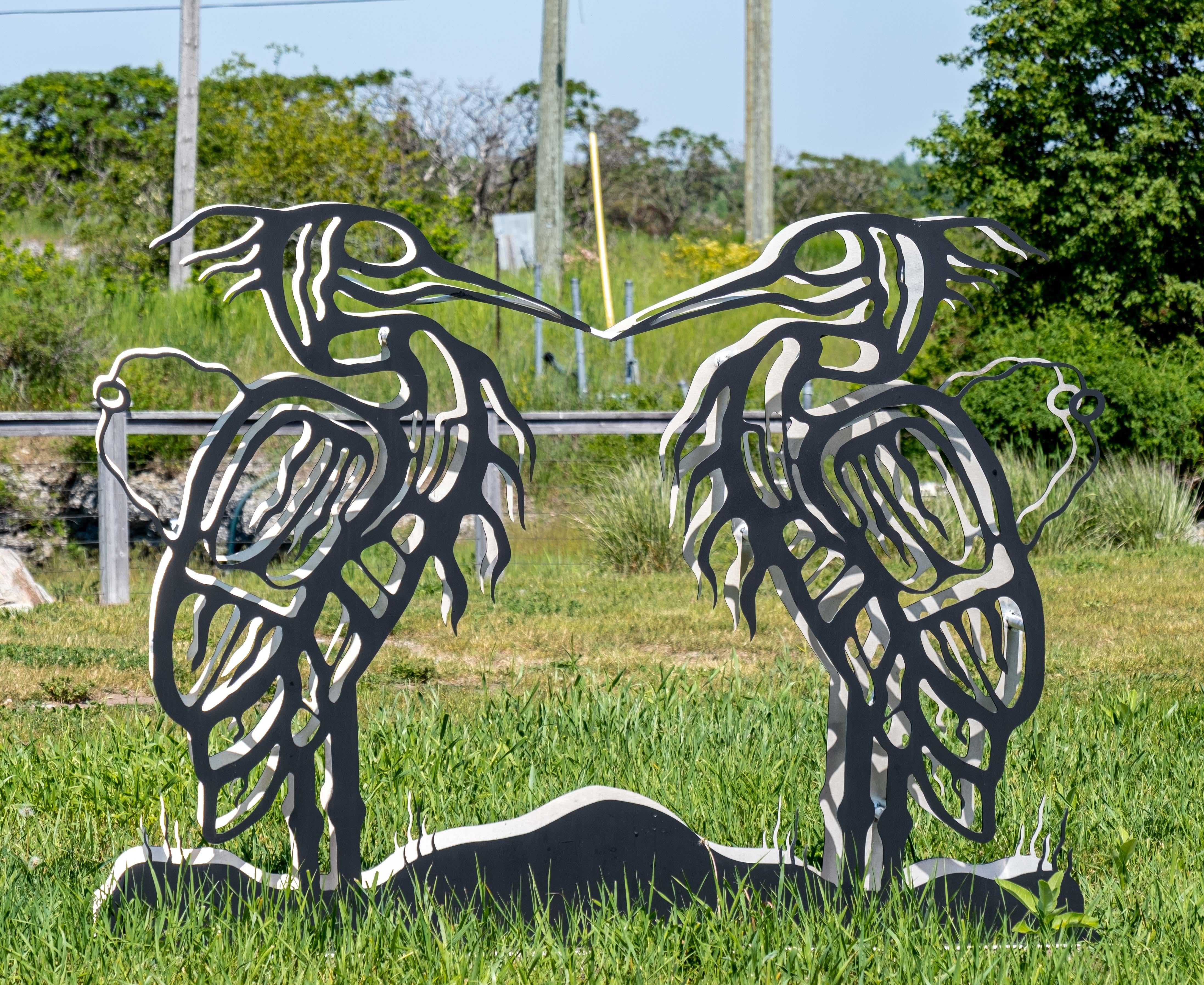 Heron - figurative, Six Nations Mohawk, animal, LED, aluminum outdoor sculpture - Contemporary Sculpture by Adam Monture & Jeremy Freiburger
