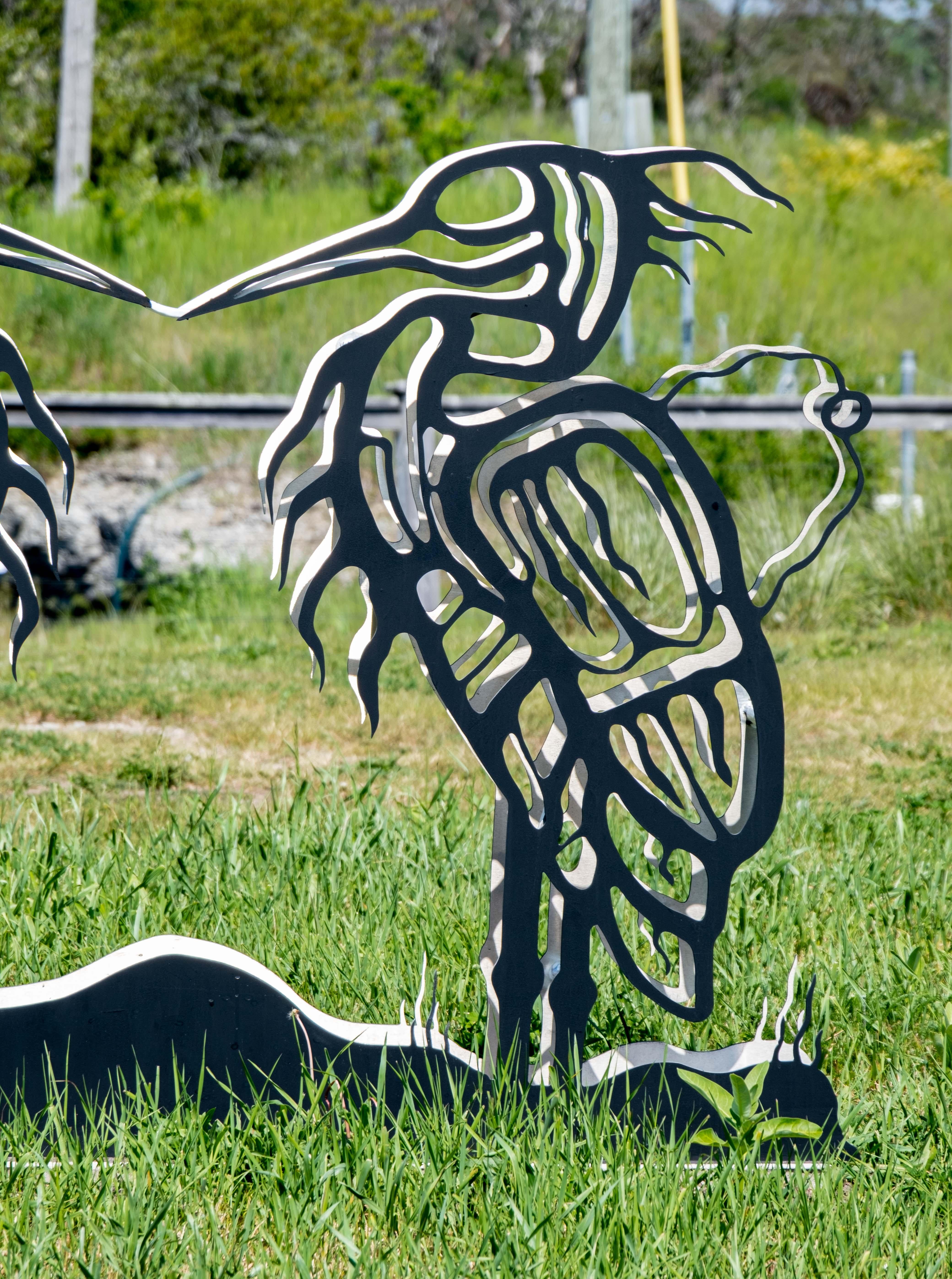 Heron - figurative, Six Nations Mohawk, animal, LED, aluminum outdoor sculpture - Black Figurative Sculpture by Adam Monture & Jeremy Freiburger
