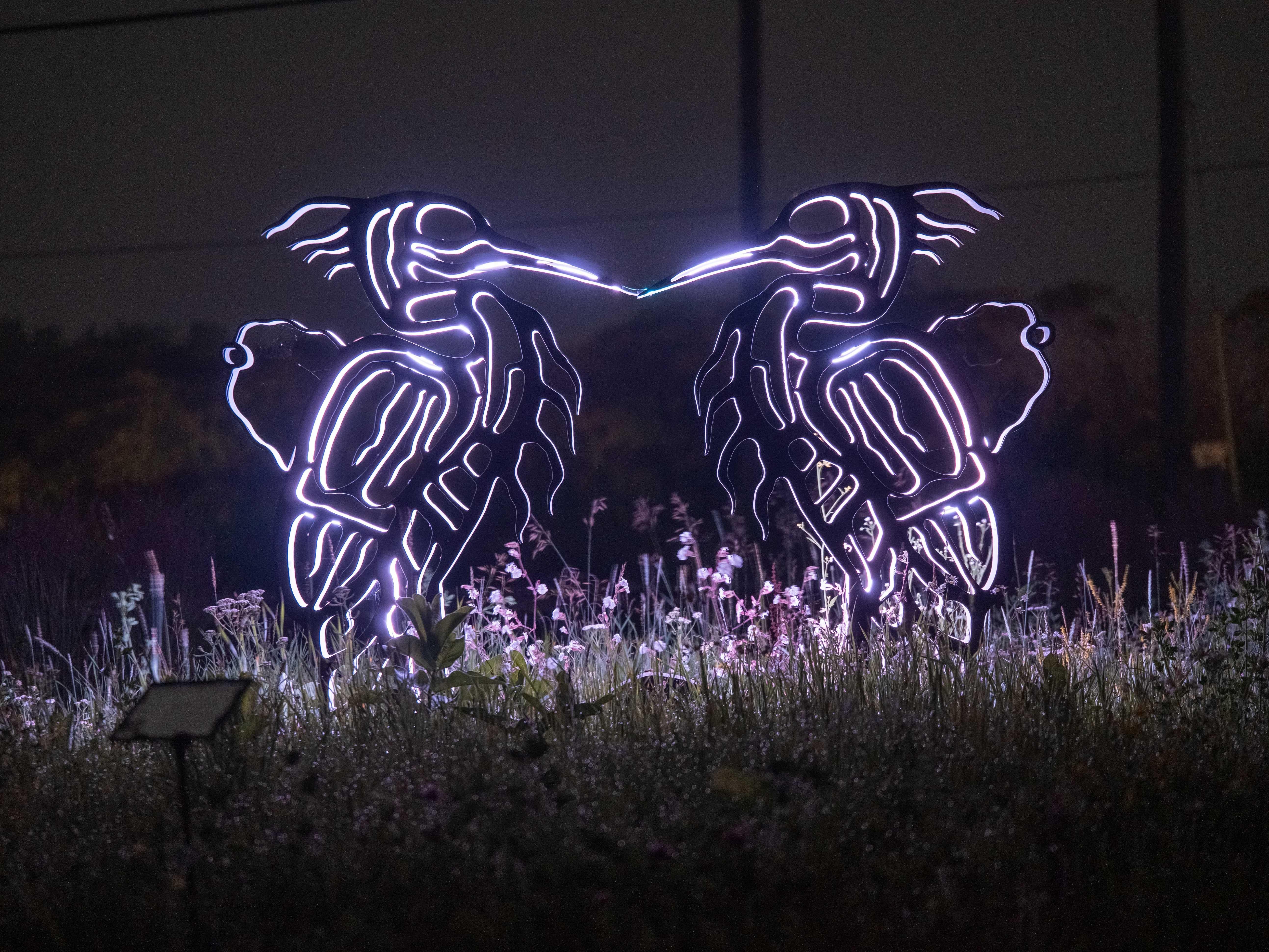 Adam Monture & Jeremy Freiburger Figurative Sculpture - Heron - figurative, Six Nations Mohawk, animal, LED, aluminum outdoor sculpture