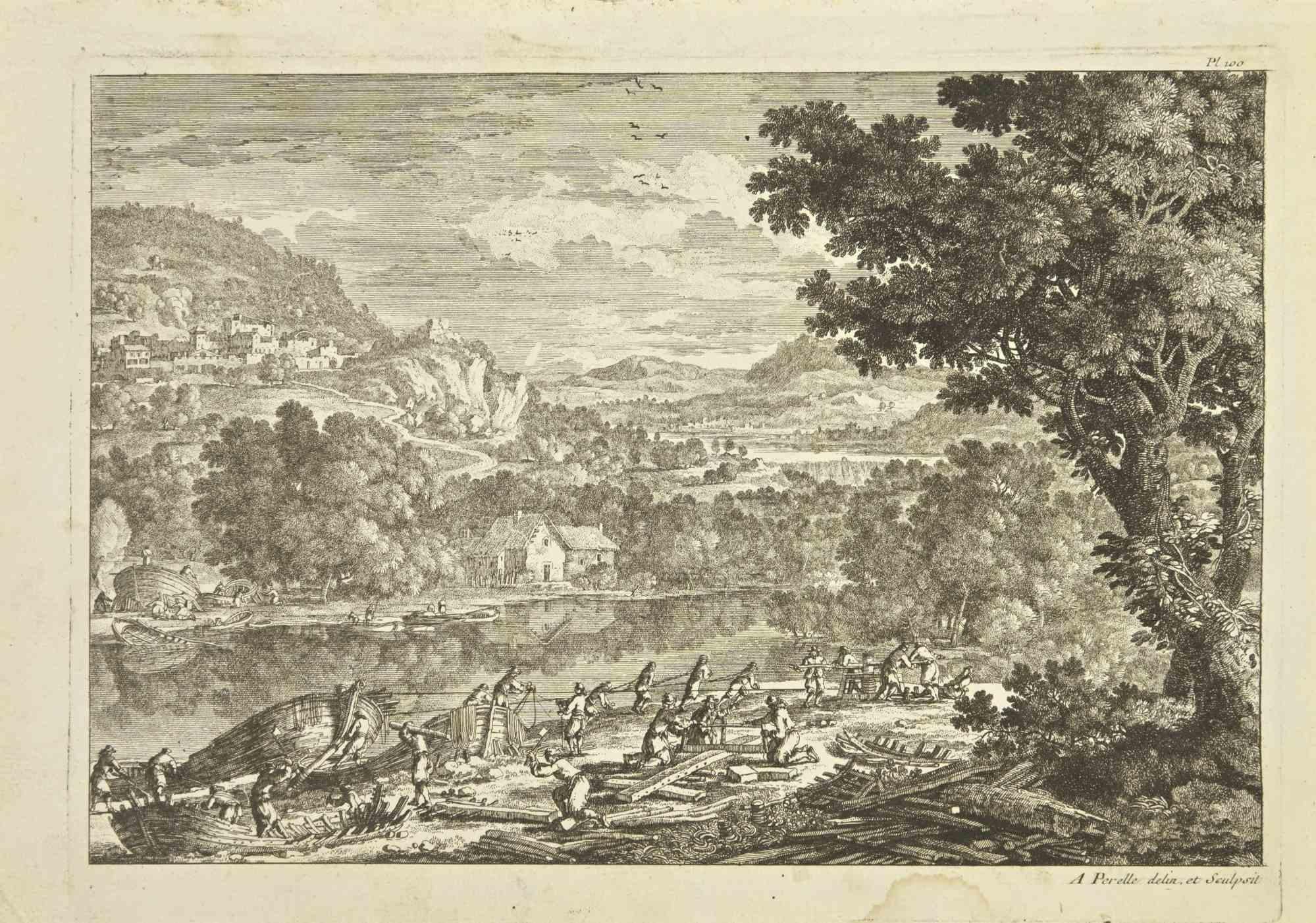 Adam Perelle Figurative Print - Landscape - Original Etching by Adam Pérelle - 18th Century