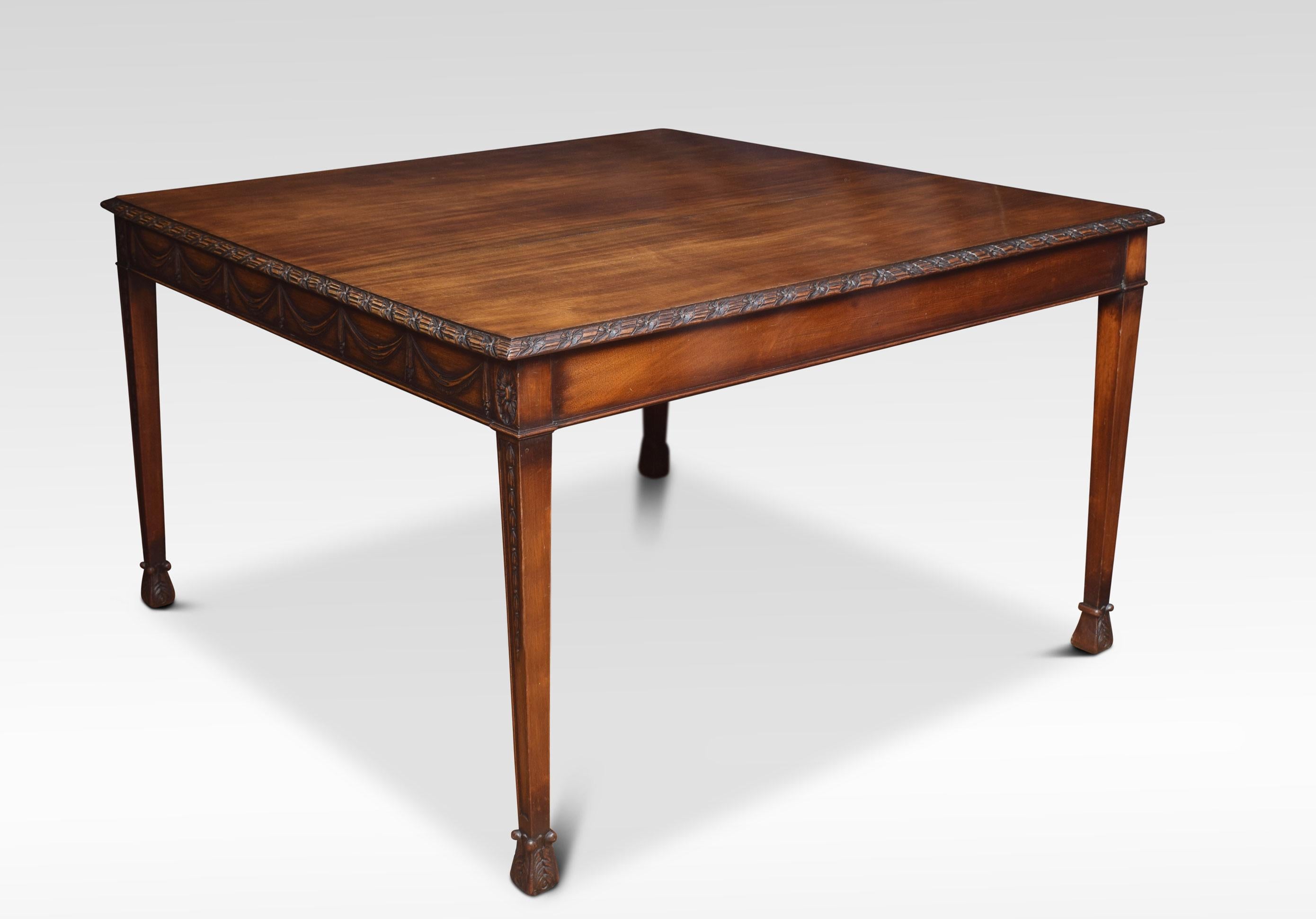 Adam Revival mahogany center table the square top with foliate and reeded carved edge and garlanded frieze raised on tapered square section legs with bellflower trails and acanthus carved feet.
Dimensions:
Height 29 inches
Length 48 inches
Width