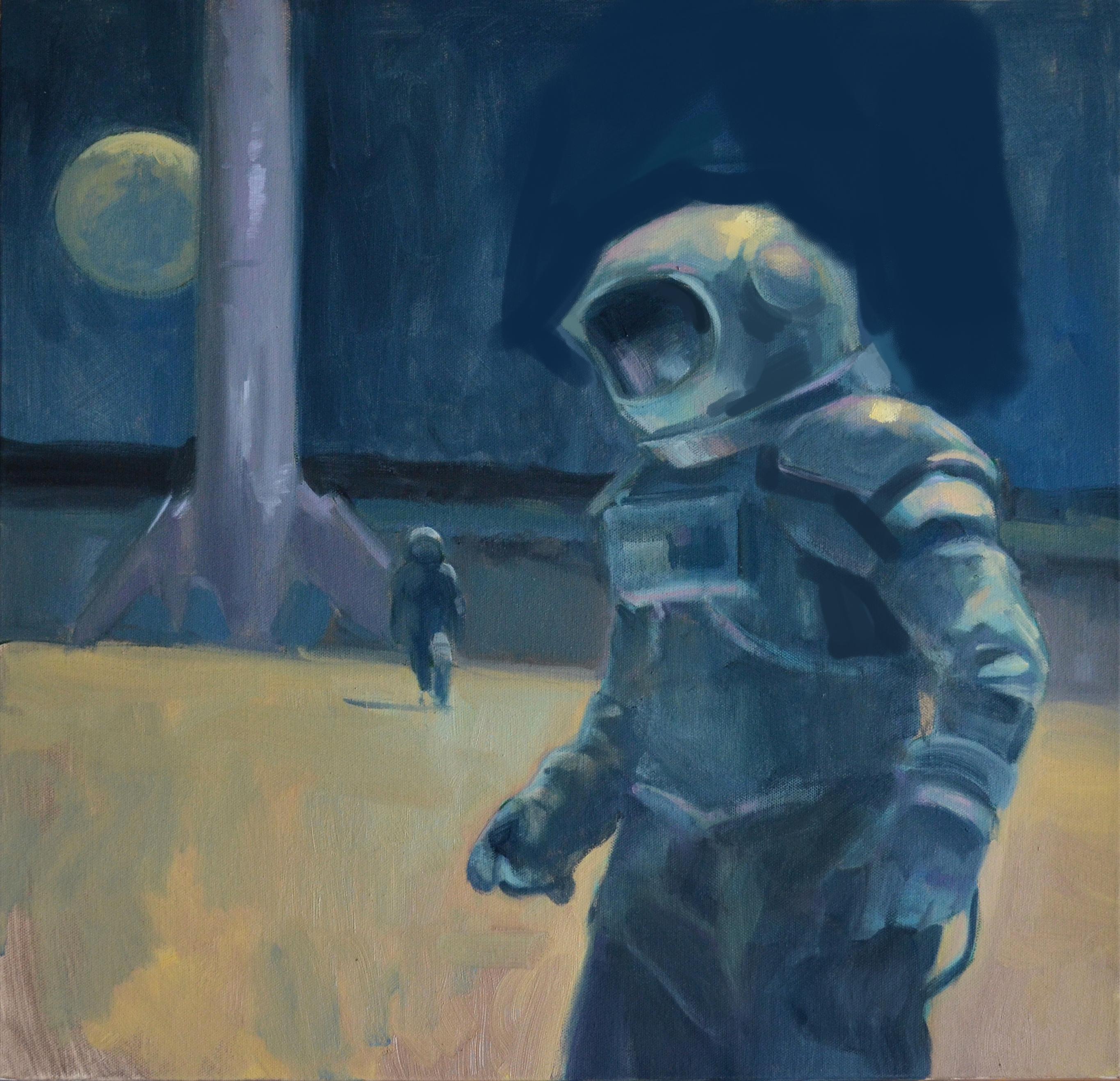 "Luna" (2024) de Adam Shaw, pintura al óleo original de astronautas