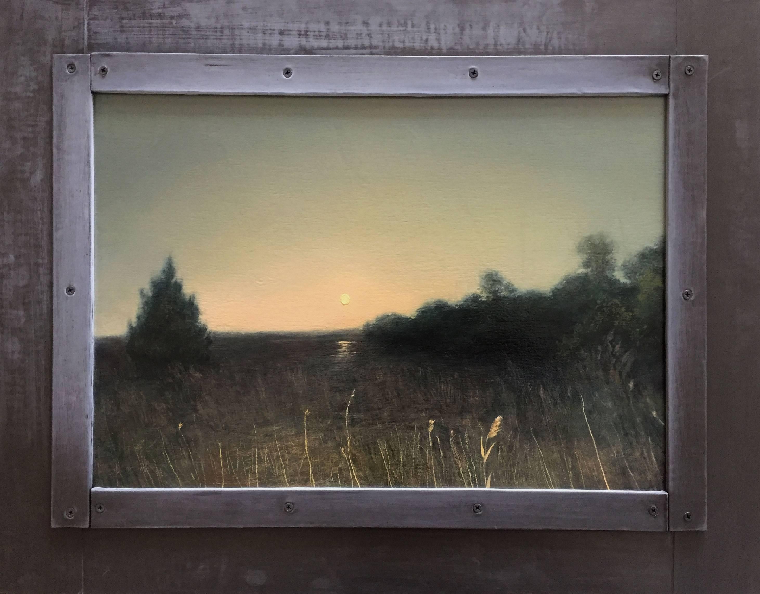 Adam Straus Landscape Painting - Moonrise; Indian Island Park with Lights from Oncoming Cars