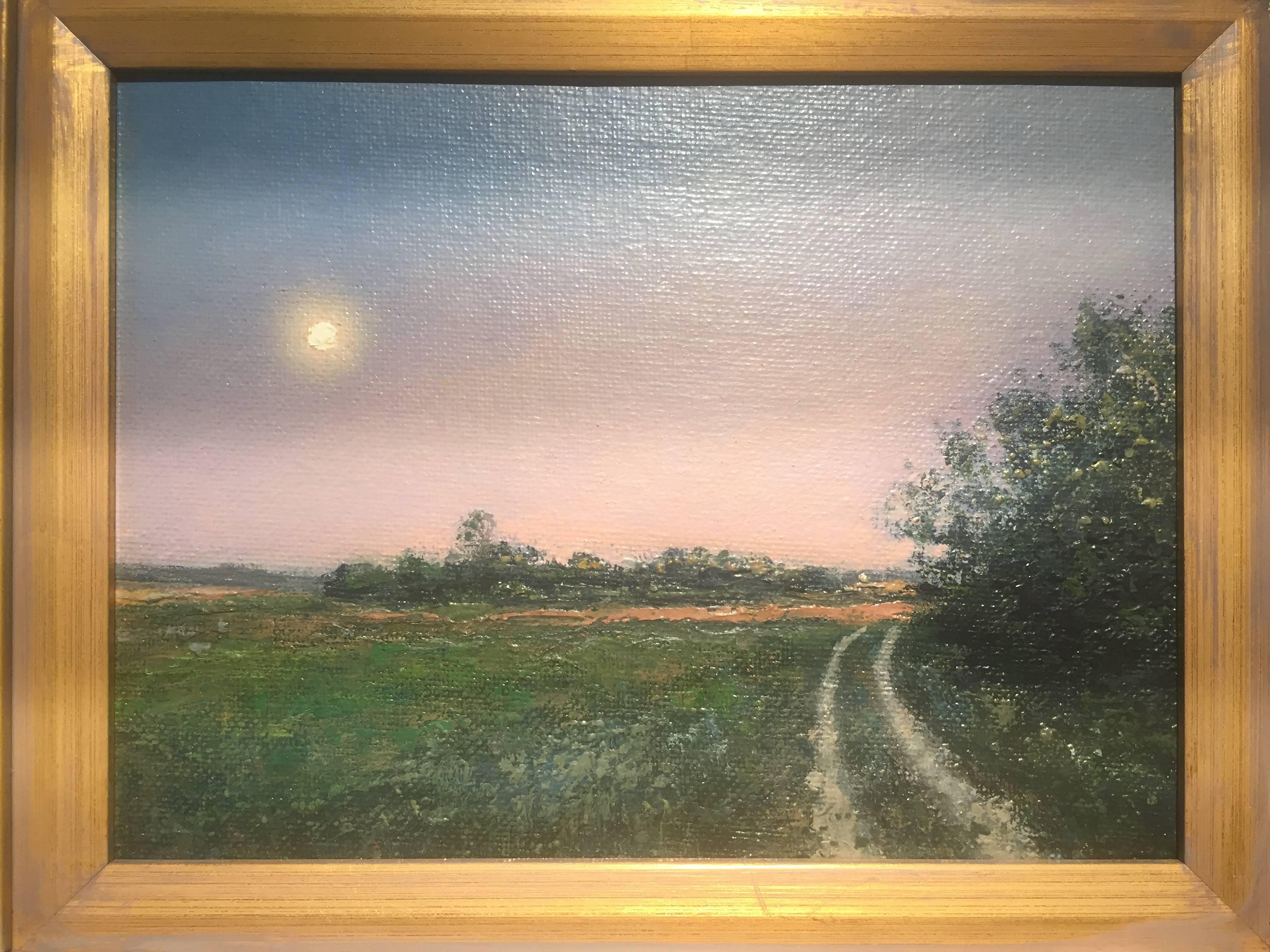 Moonrise: Long Island Country Road - American Realist Painting by Adam Straus