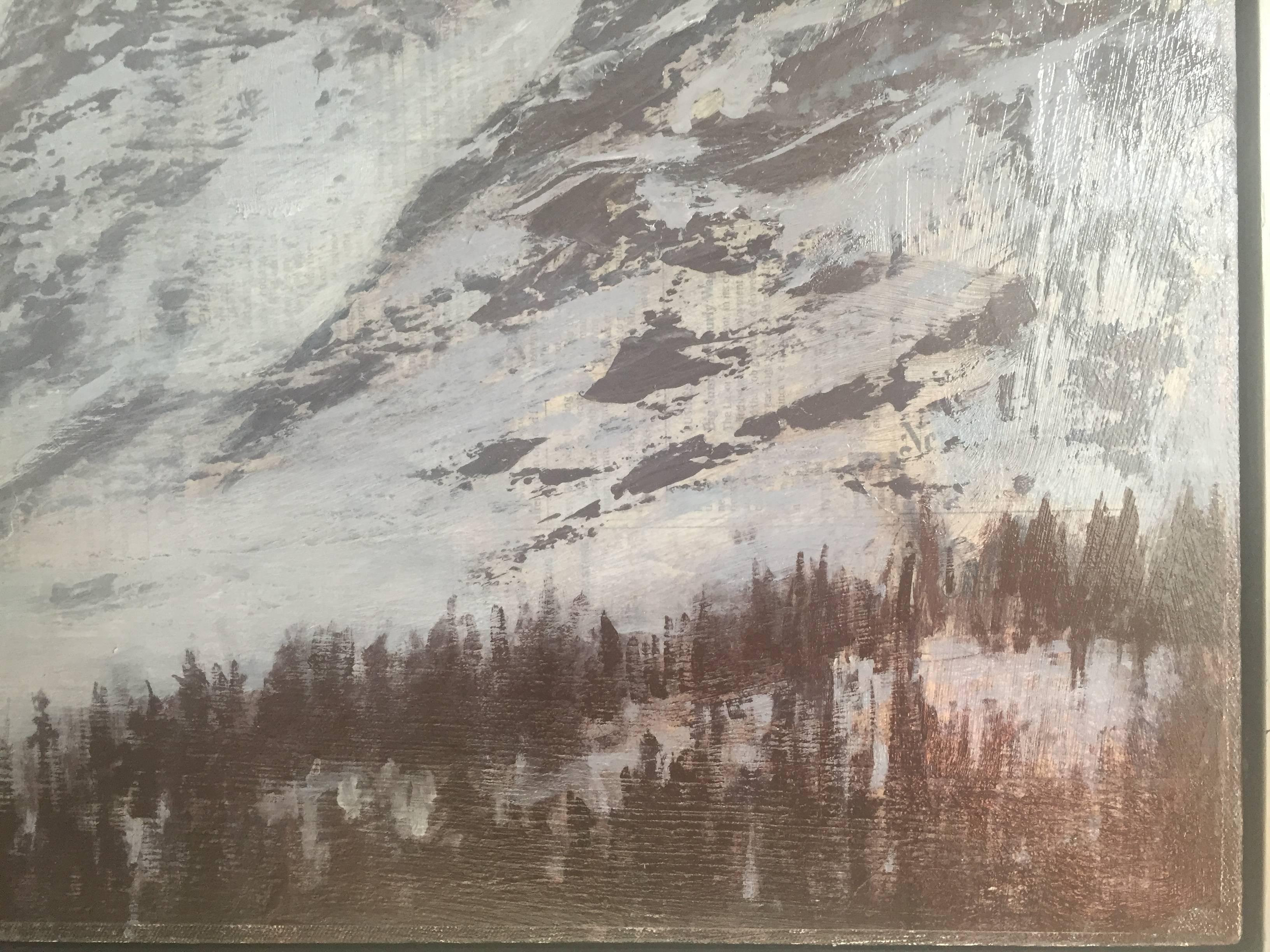 An oil painting on newsprint, adhered to canvas. Straus depicts an image of an arctic landscape, daunting mountain peaks swept with a blanket of snow poke upward toward the misty horizon. A bright, round sun gleams orange and yellow, and dissipates