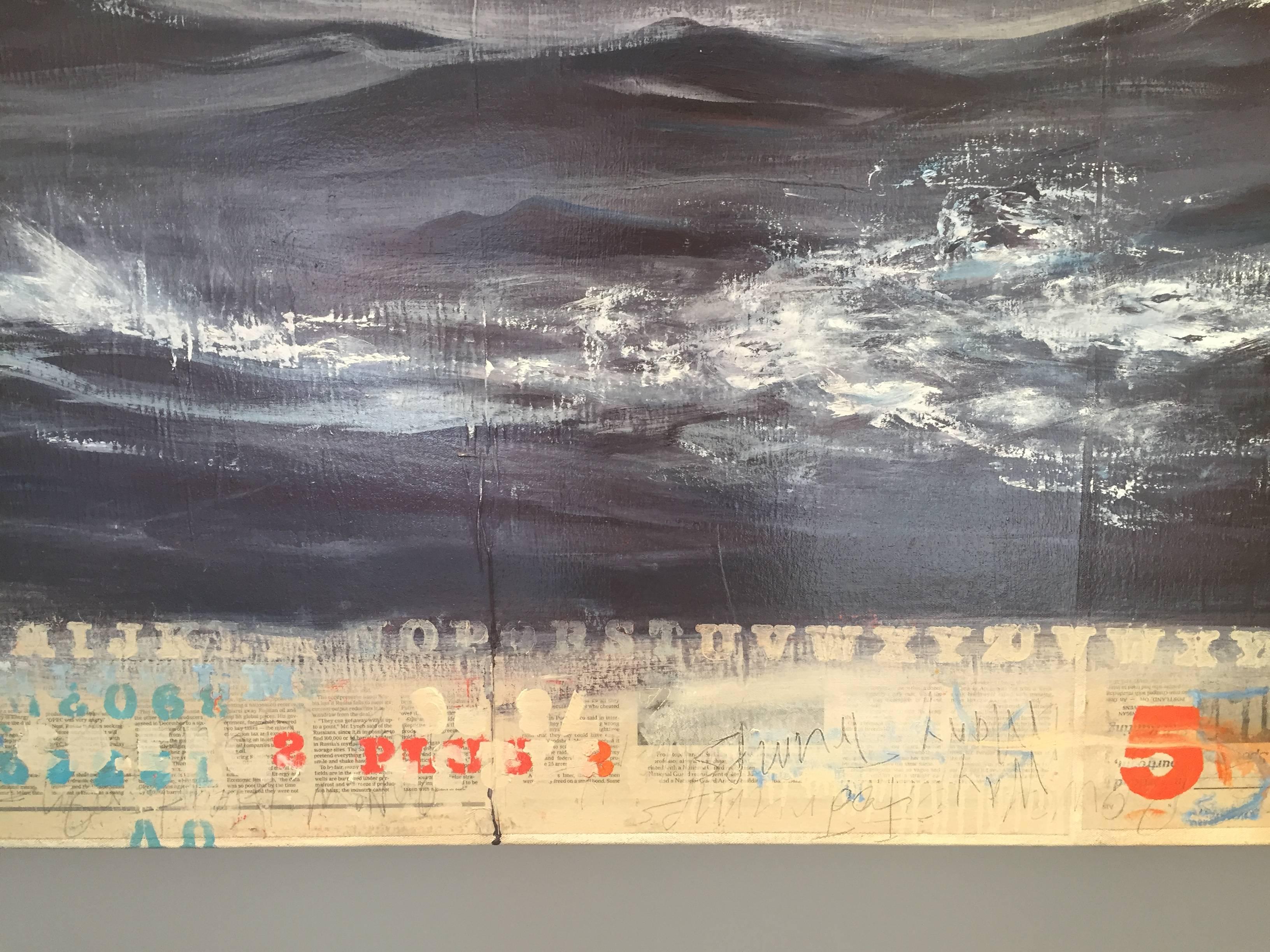 In Old News; Oncoming Storm, 2017, Straus paints an arresting, realistic seascape upon an array of recent newspapers. Situated within oceanic open waters, a strong current of dark waves reflect the cheerless sky above. Headlines poke out along the