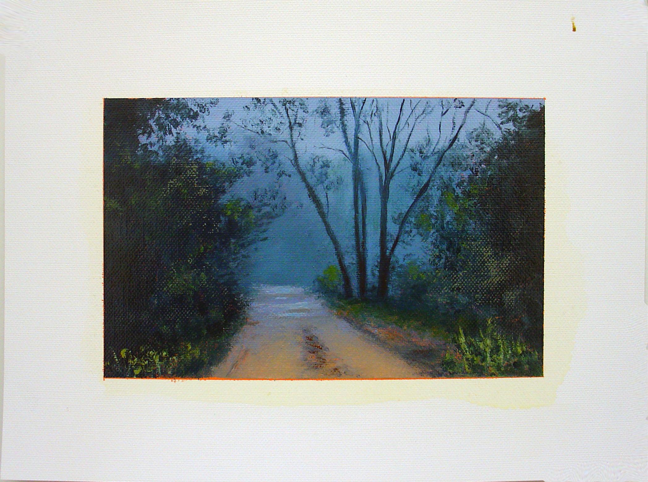 Adam Straus Landscape Painting - ROAD THROUGH WOOD WITH LIGHT FROM A CAR