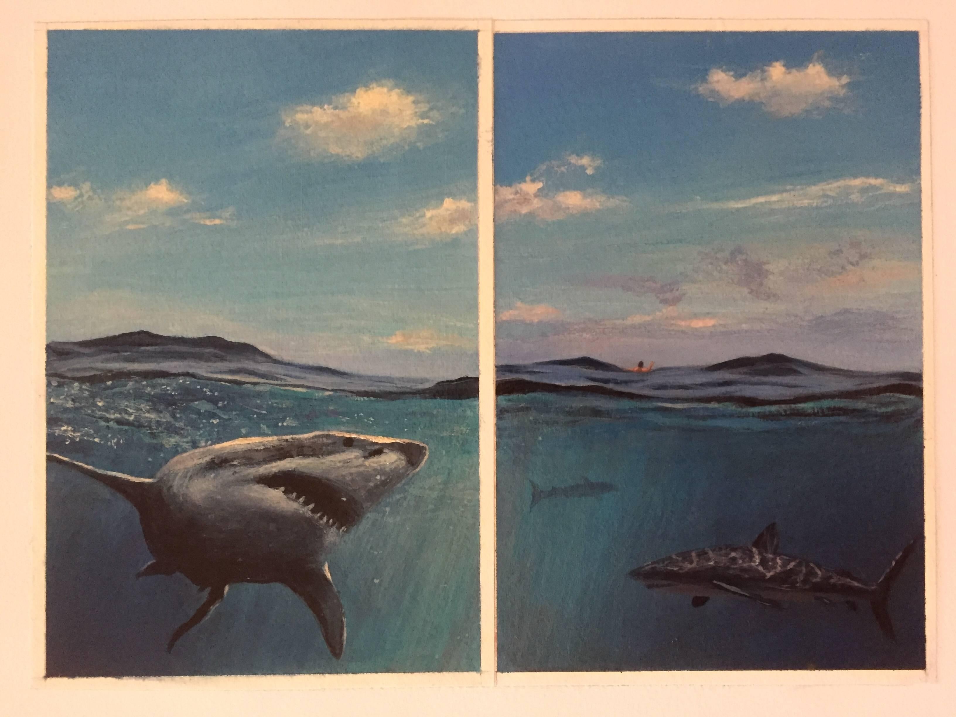 Adam Straus Animal Painting - Swimming with Sharks