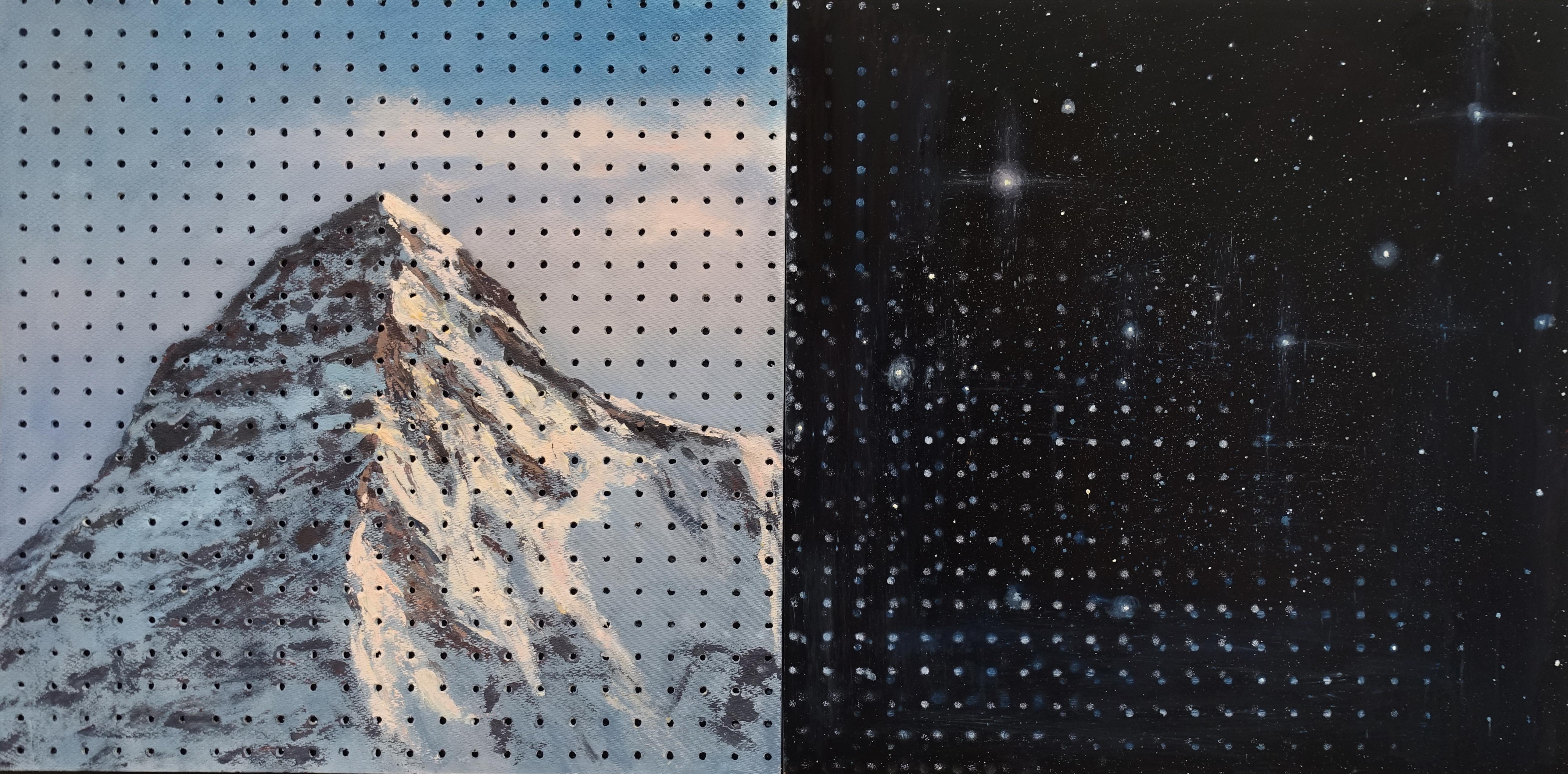 Adam Straus Landscape Painting - THE BIG MOUNTAIN COSMIC PEGBOARD PAINTING