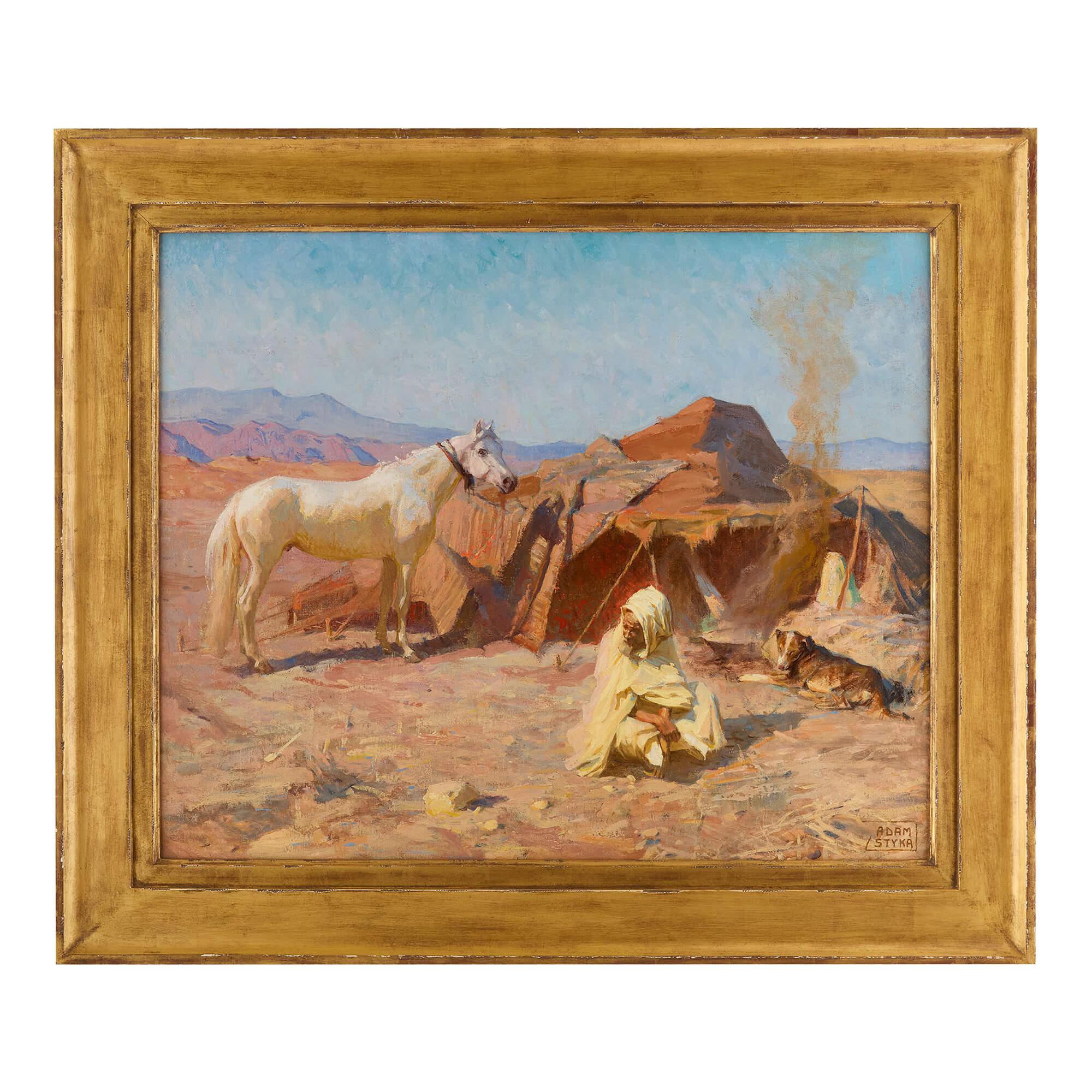 Trois Amis", gran óleo orientalista antiguo de Adam Styka
Polaco/Francés, Principios del siglo XX
Lienzo: Alto 61 cm, ancho 73 cm
Armazón: Altura 78 cm, anchura 91 cm, profundidad 5 cm

Este cautivador óleo orientalista es obra del artista
