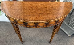 Adam Style Burled Walnut Demilune Table or Console with Banding & Ribbon Swags